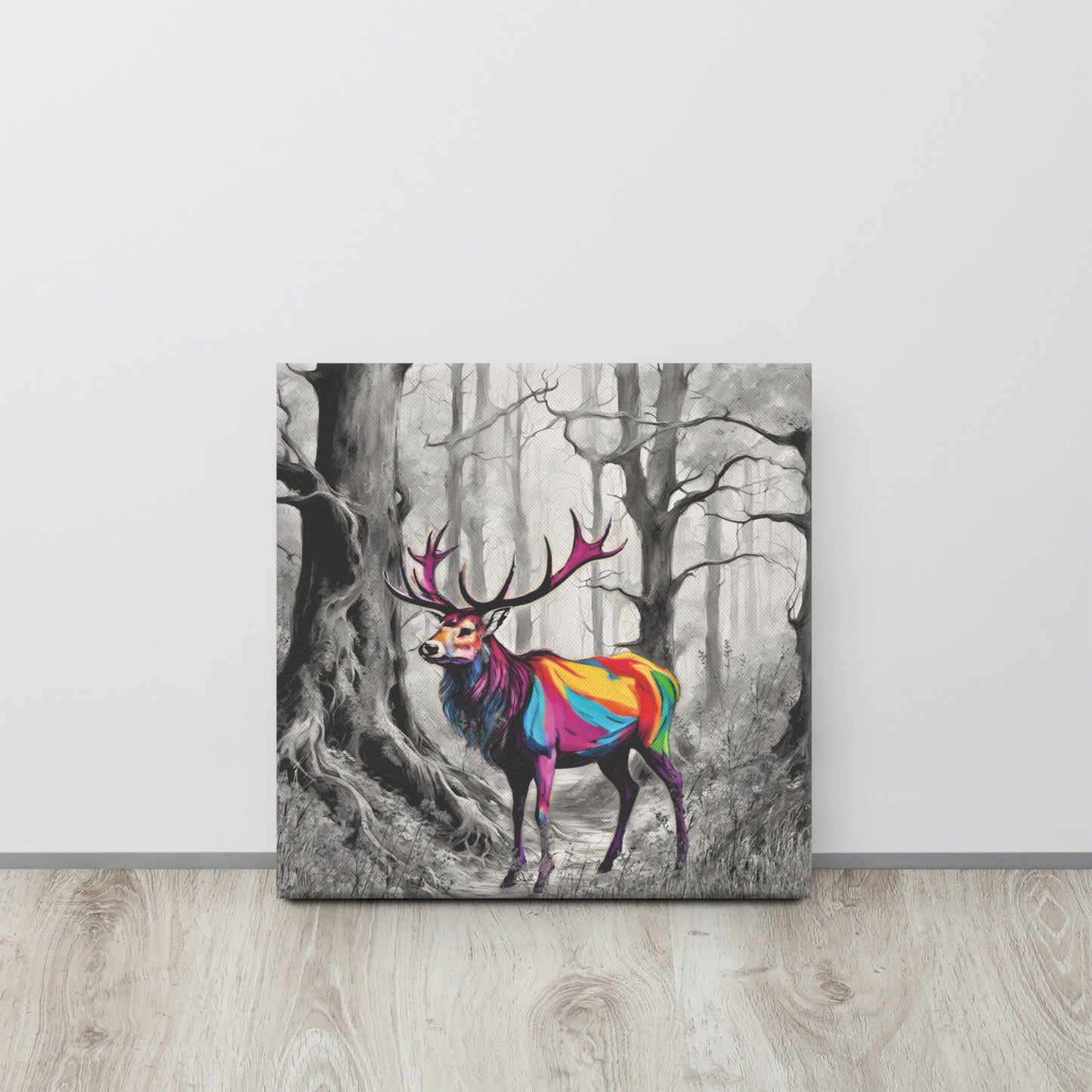 Canvas art titled 'Vibrant Stag,' featuring a colorful deer in a lush forest setting, perfect for nature-inspired and bold home decor.