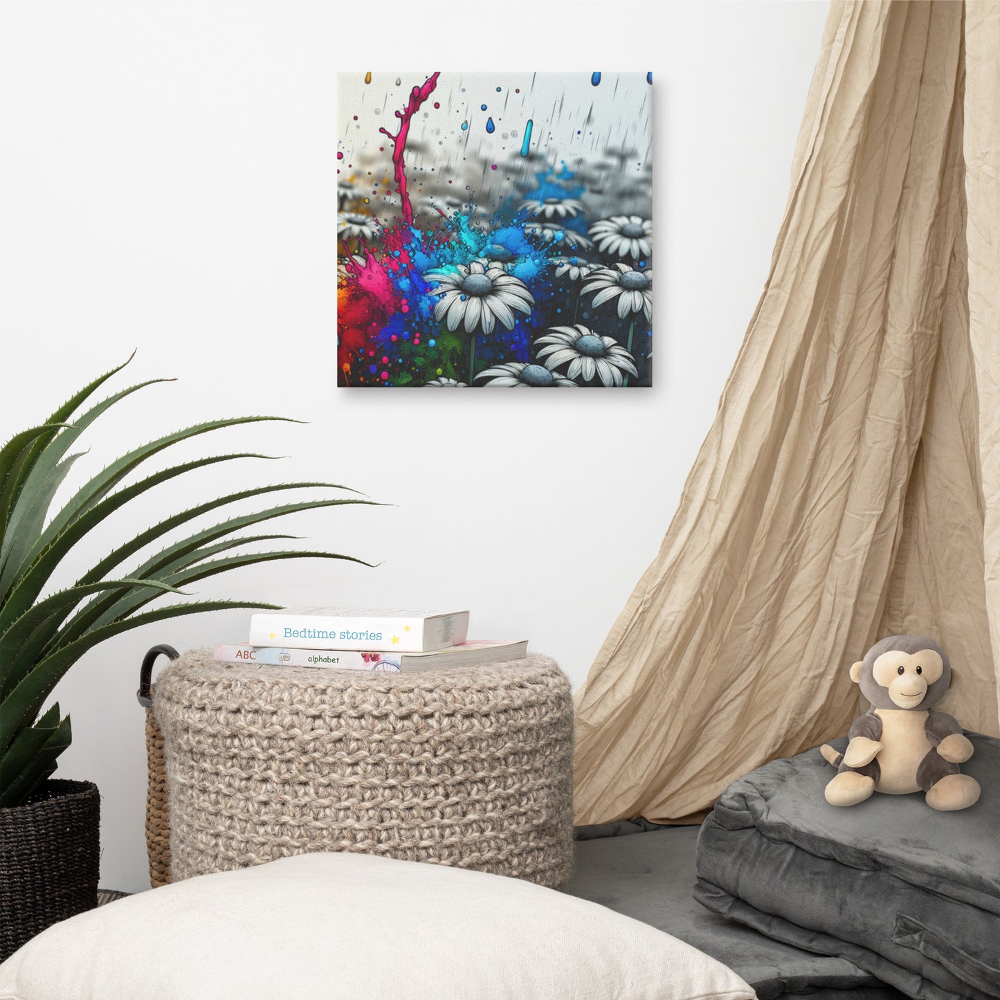 Canvas art titled 'Color Burst Daisy,' featuring an abstract daisy flower with vibrant, colorful brushstrokes, perfect for bold and modern home decor.