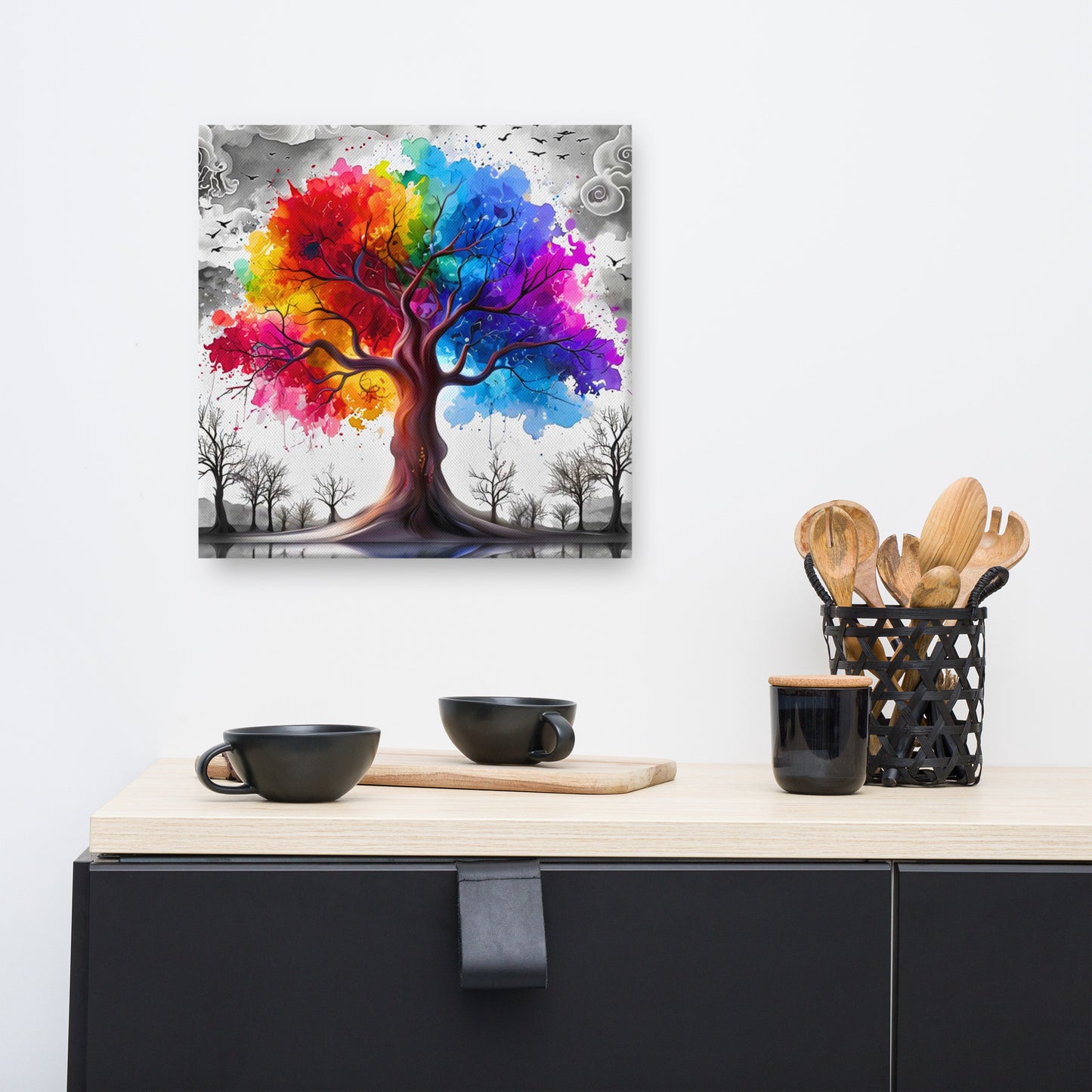Canvas wall art titled 'Rainbow Tree of Life,' featuring a vibrant tree with multicolored branches against a bold contrasting background, perfect for inspiring and colorful home decor.
