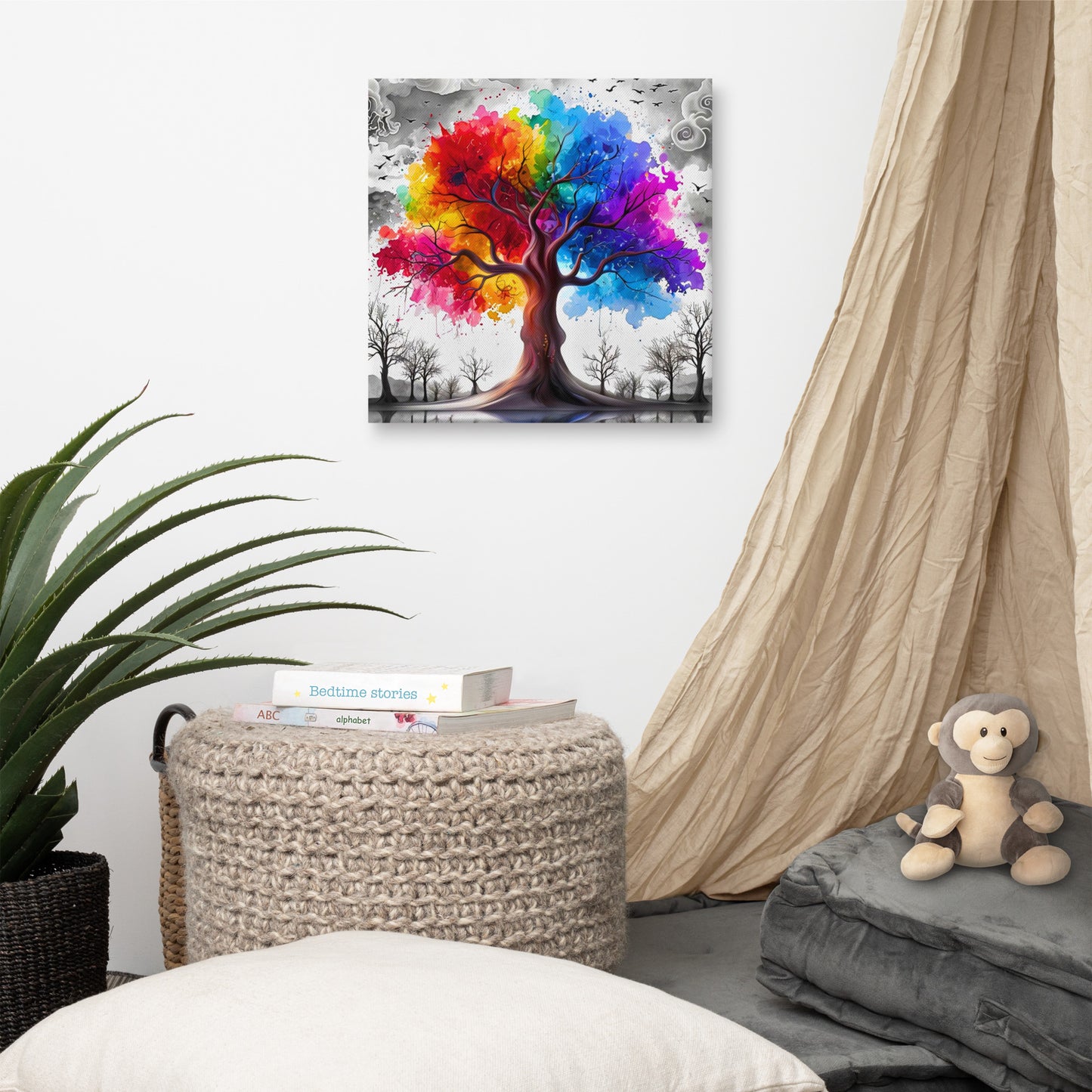 Canvas wall art titled 'Rainbow Tree of Life,' featuring a vibrant tree with multicolored branches against a bold contrasting background, perfect for inspiring and colorful home decor.