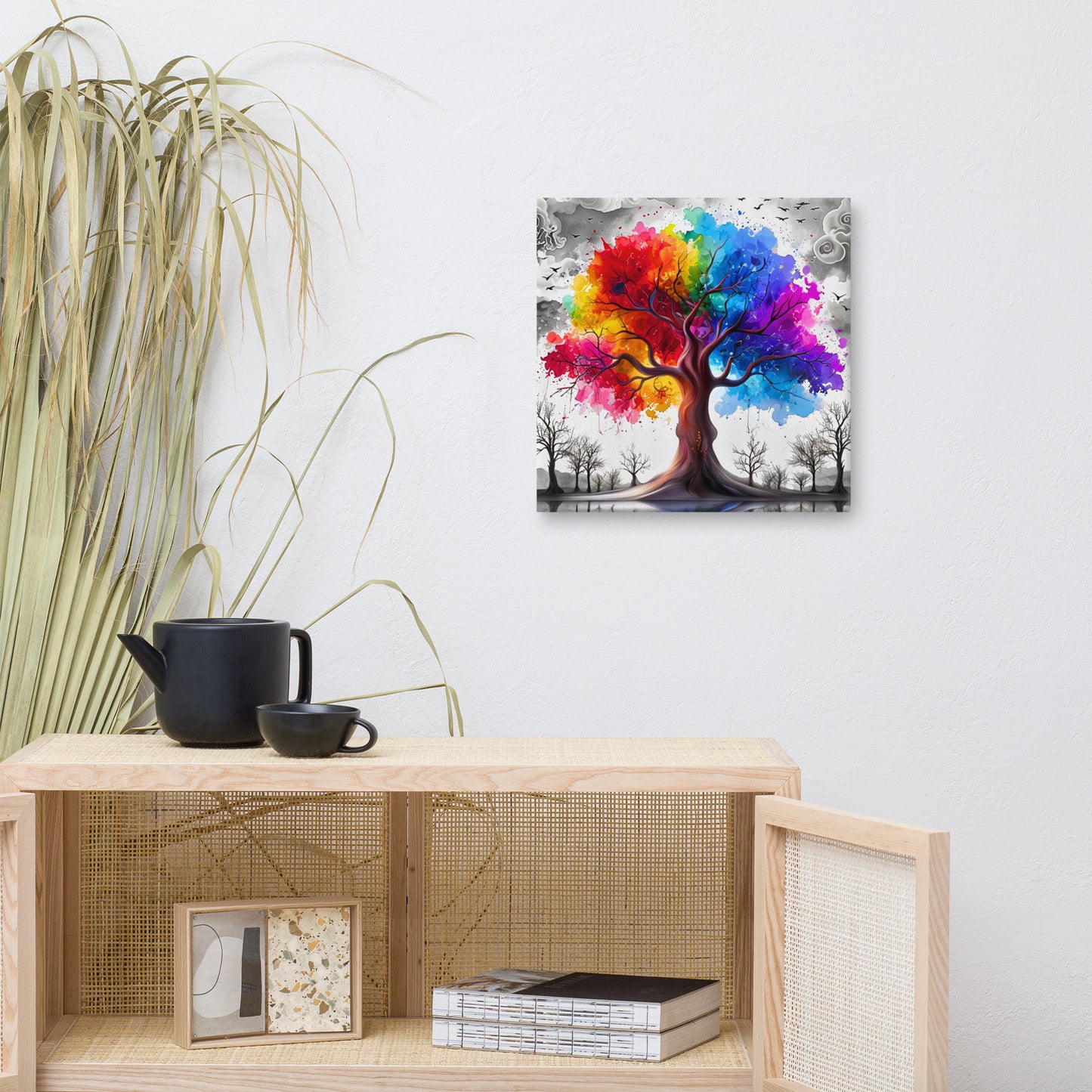 Canvas wall art titled 'Rainbow Tree of Life,' featuring a vibrant tree with multicolored branches against a bold contrasting background, perfect for inspiring and colorful home decor.