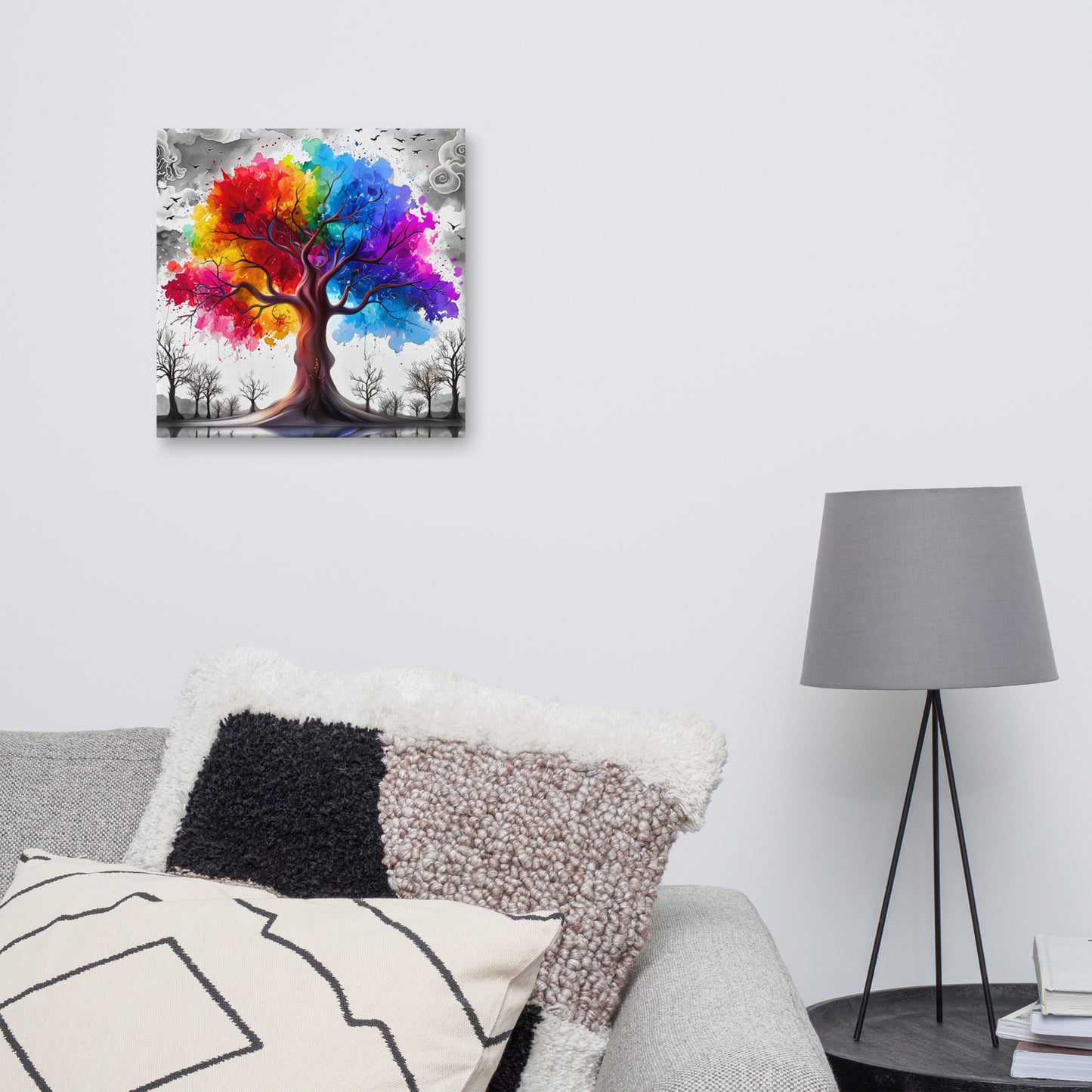 Canvas wall art titled 'Rainbow Tree of Life,' featuring a vibrant tree with multicolored branches against a bold contrasting background, perfect for inspiring and colorful home decor.