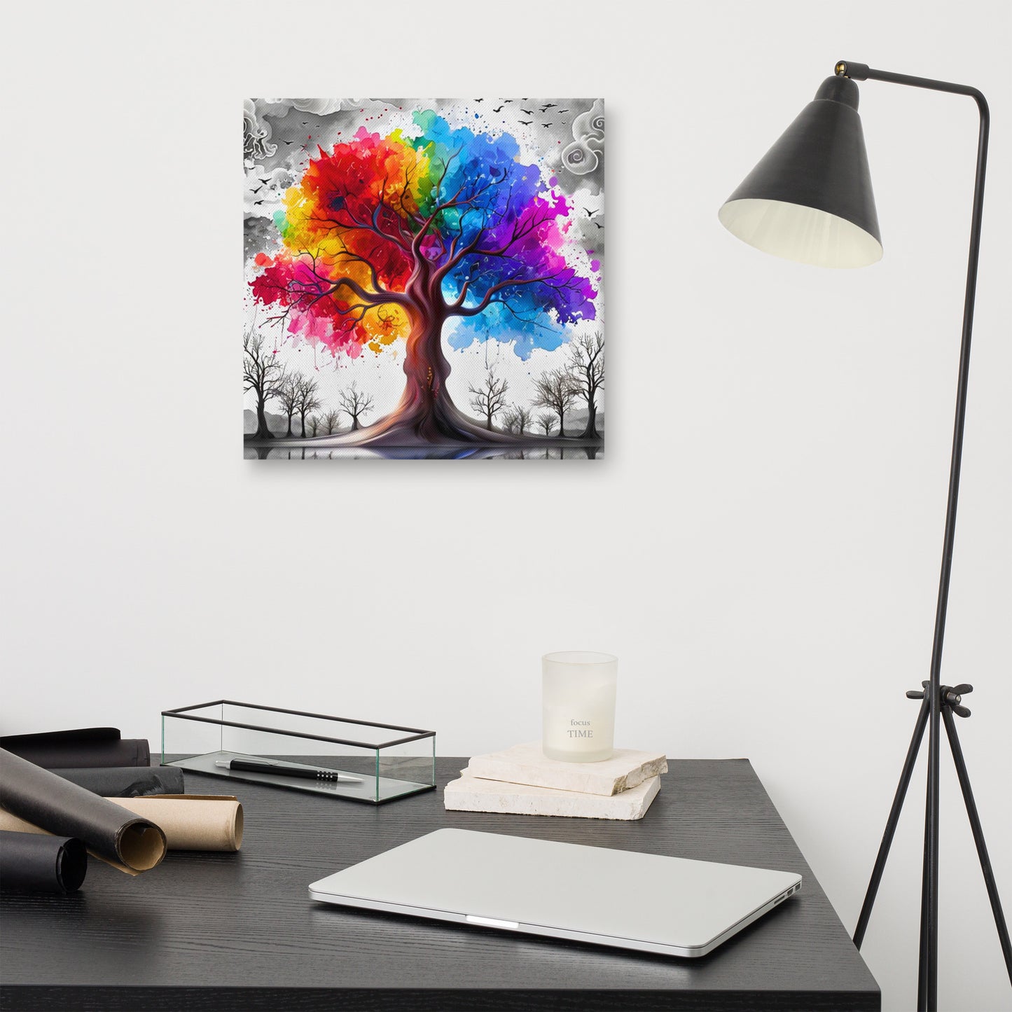 Canvas wall art titled 'Rainbow Tree of Life,' featuring a vibrant tree with multicolored branches against a bold contrasting background, perfect for inspiring and colorful home decor.