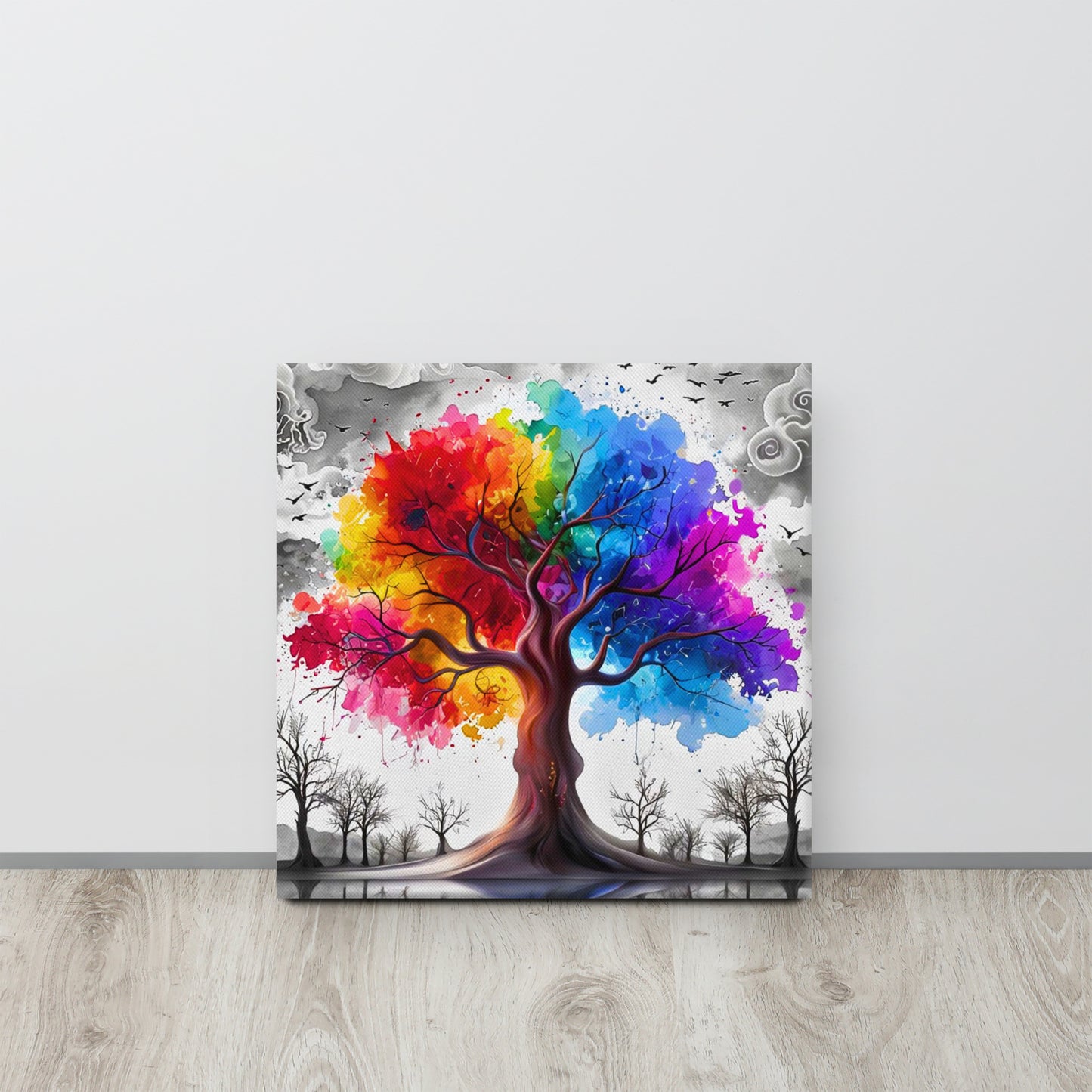 Canvas wall art titled 'Rainbow Tree of Life,' featuring a vibrant tree with multicolored branches against a bold contrasting background, perfect for inspiring and colorful home decor.