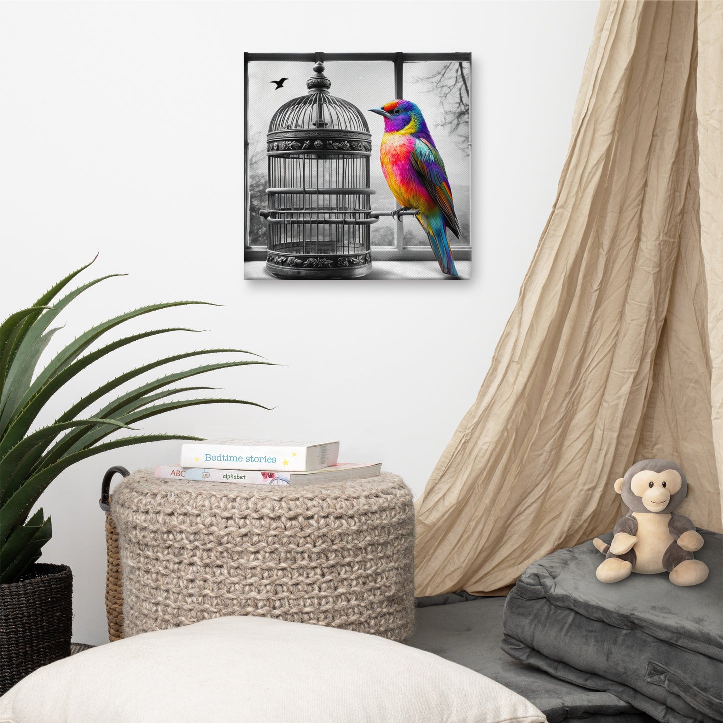 Square canvas print featuring a vibrant rainbow-colored bird with a black and white background of a birdcage. Symbolic and striking wall art for a modern living space.