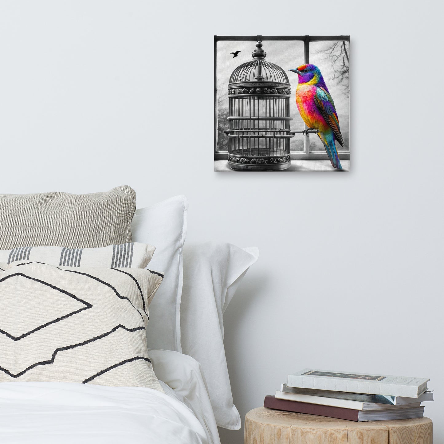 Square canvas print featuring a vibrant rainbow-colored bird with a black and white background of a birdcage. Symbolic and striking wall art for a modern living space.