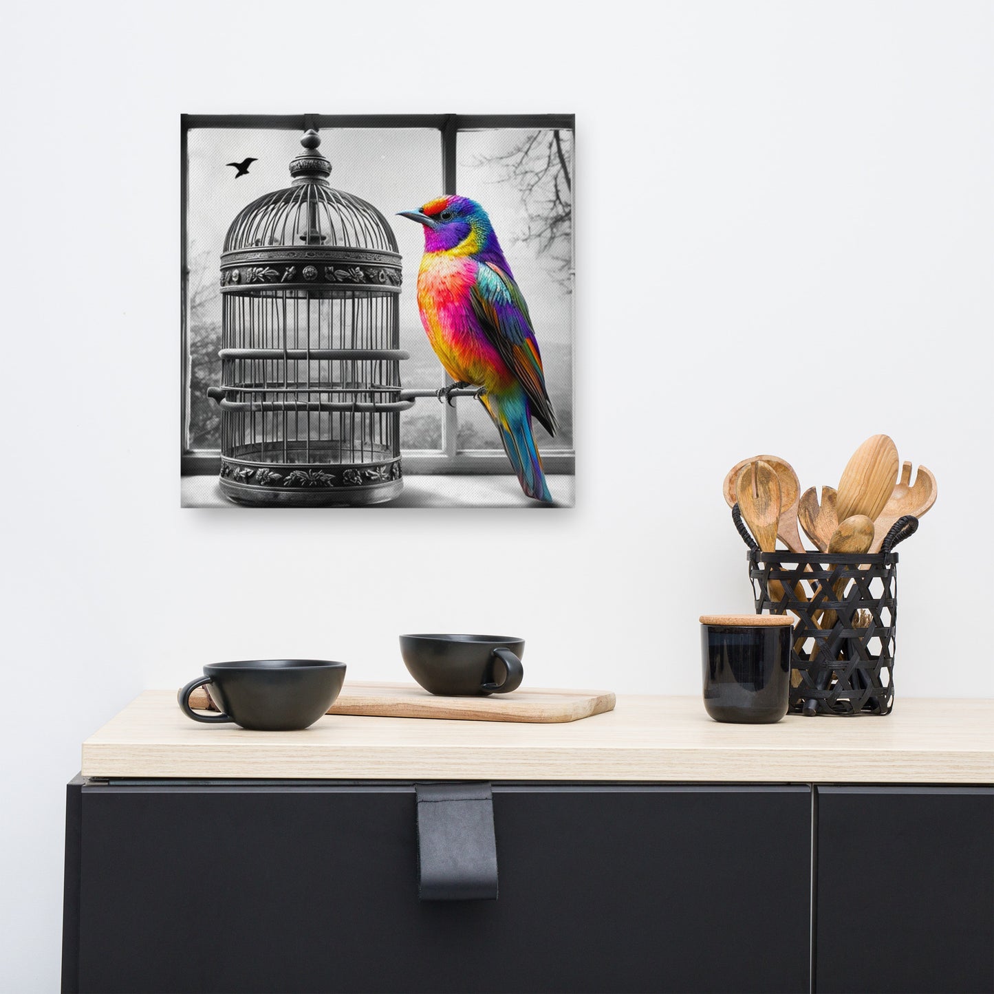 Square canvas print featuring a vibrant rainbow-colored bird with a black and white background of a birdcage. Symbolic and striking wall art for a modern living space.