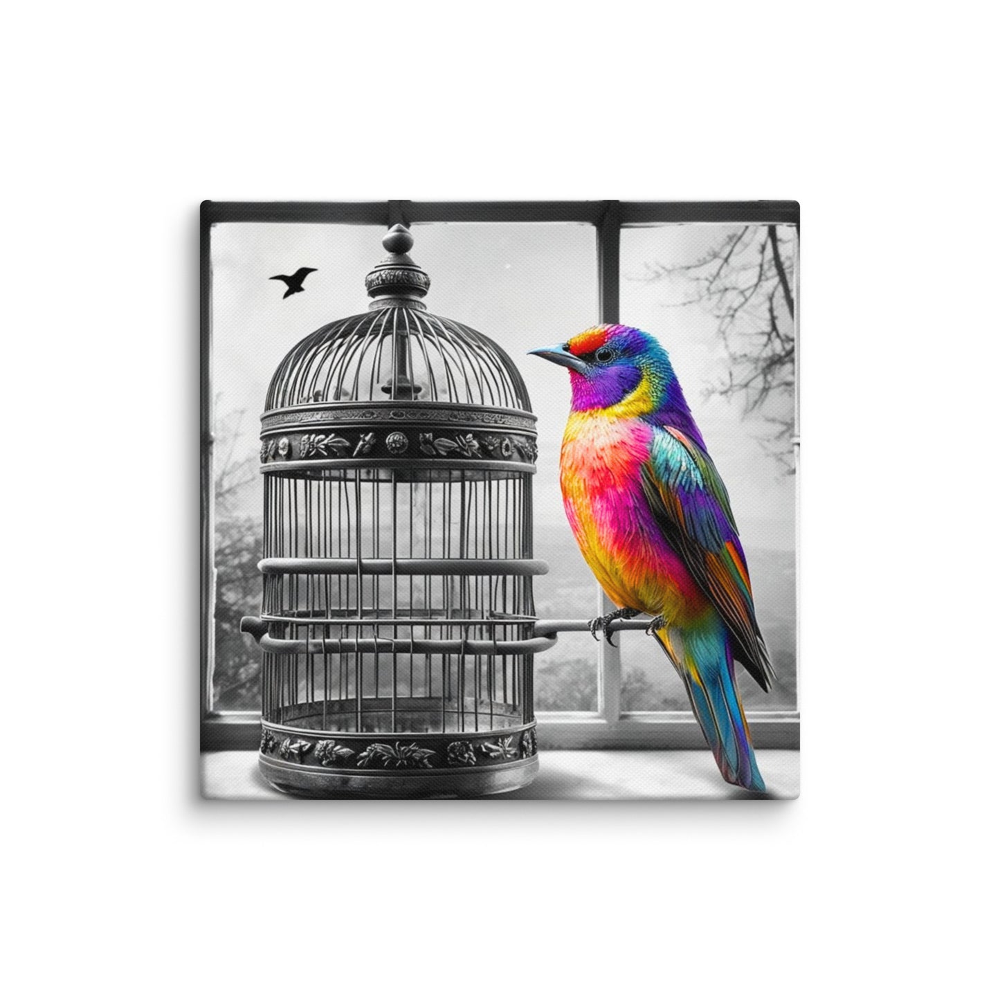 Square canvas print featuring a vibrant rainbow-colored bird with a black and white background of a birdcage. Symbolic and striking wall art for a modern living space.