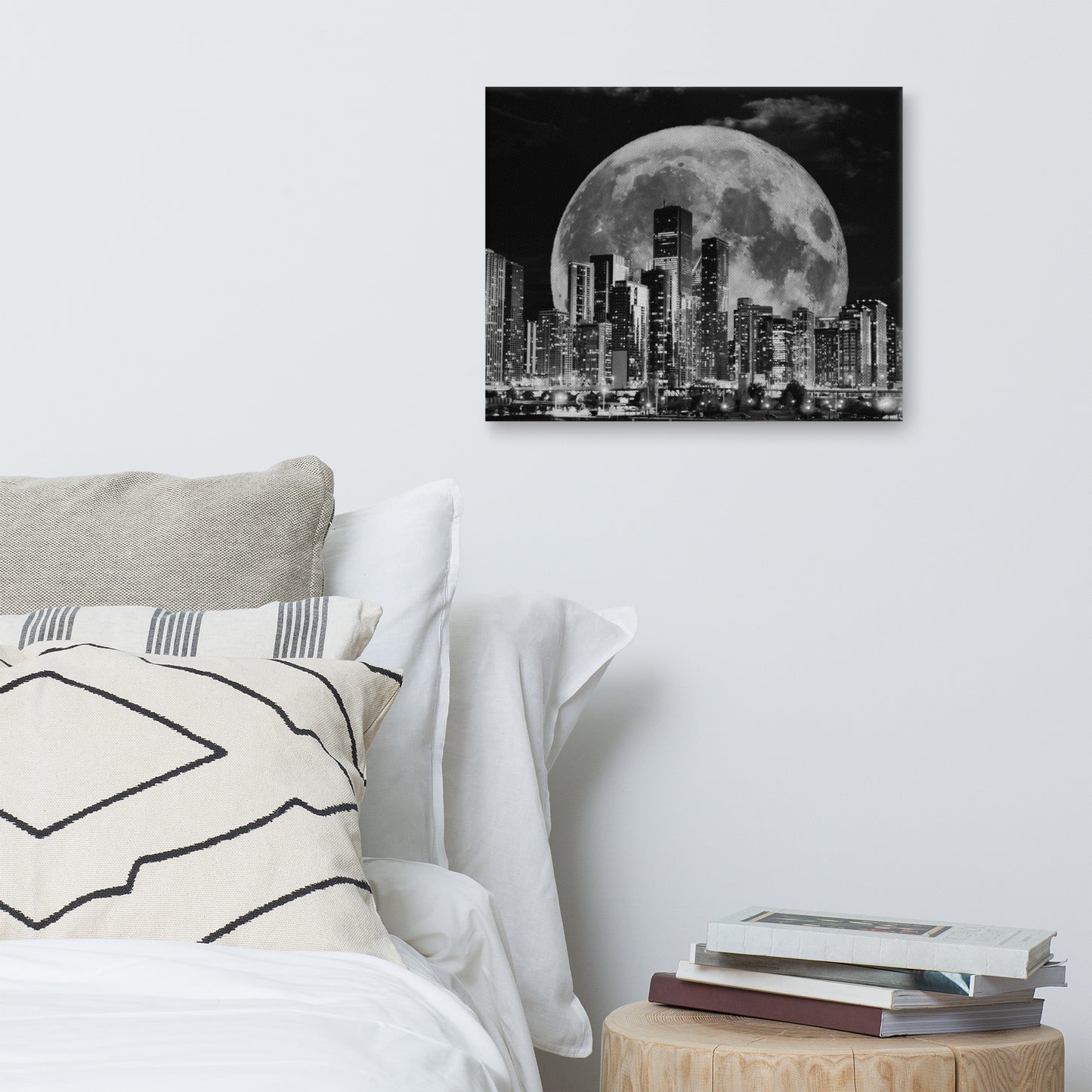 Canvas art titled 'Cityscape Moonlight,' featuring a black and white skyline illuminated by moonlight, perfect for modern urban and minimalist home decor.