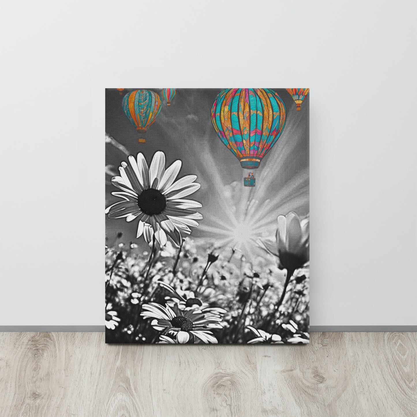 Vibrant colorful hot air balloons floating over a black and white daisy field. Unique contrast photography art print for modern and eclectic home decor.