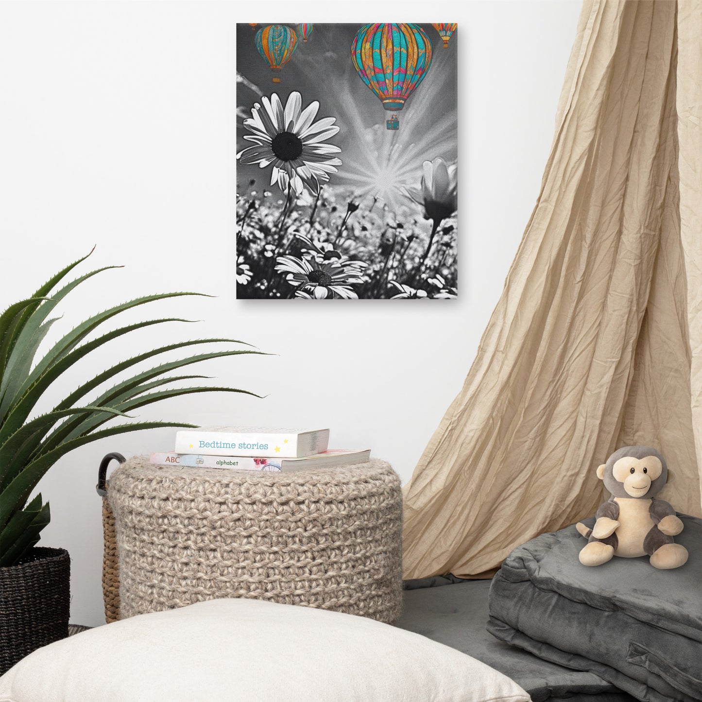Vibrant colorful hot air balloons floating over a black and white daisy field. Unique contrast photography art print for modern and eclectic home decor.