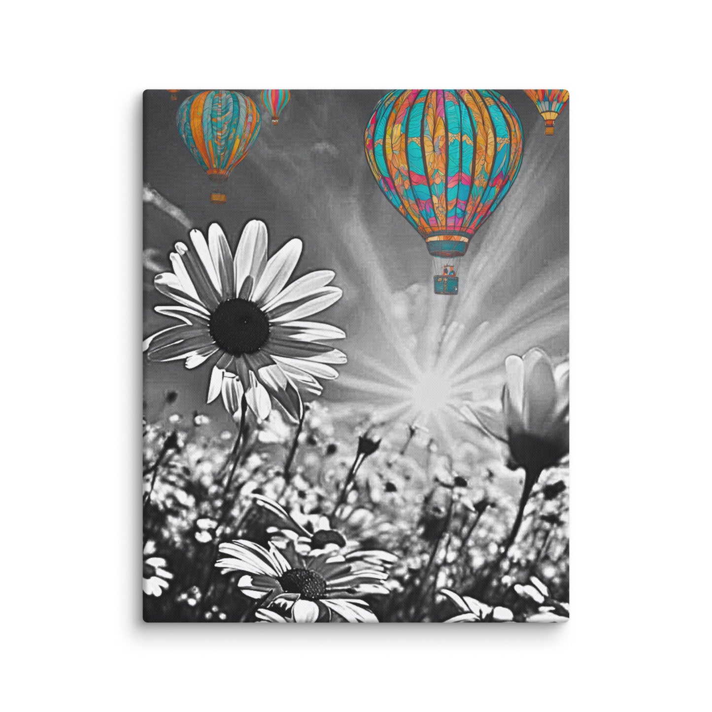 Vibrant colorful hot air balloons floating over a black and white daisy field. Unique contrast photography art print for modern and eclectic home decor.