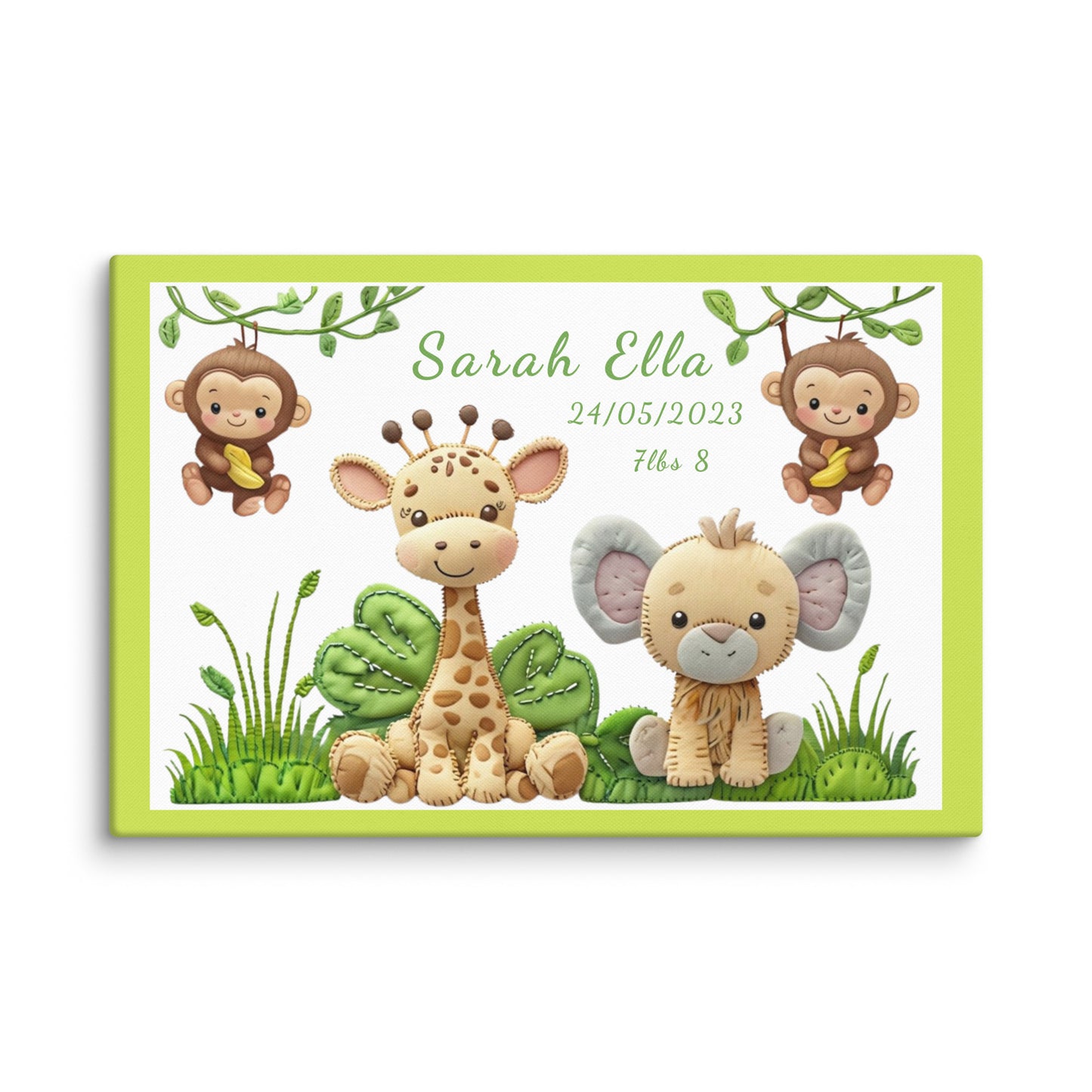 Personalized safari animal nursery canvas art. Features a cute giraffe, elephant, and monkeys. Perfect baby shower gift with custom name and birth stats.
