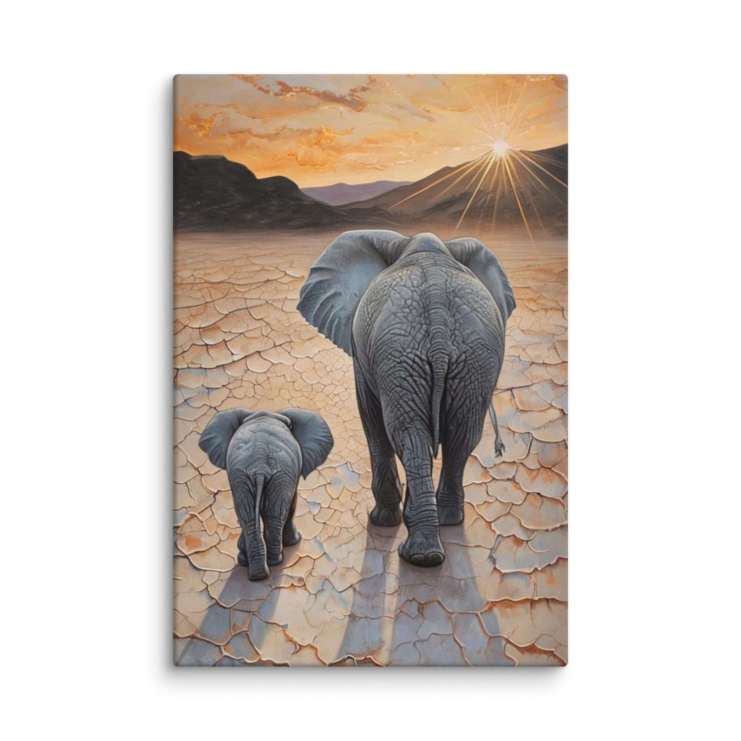 Stretched "{{product-type}}" with a mother and baby elephant at sunset, symbolising motherhood and family. The "{{title}}" design is ideal for nursery art.