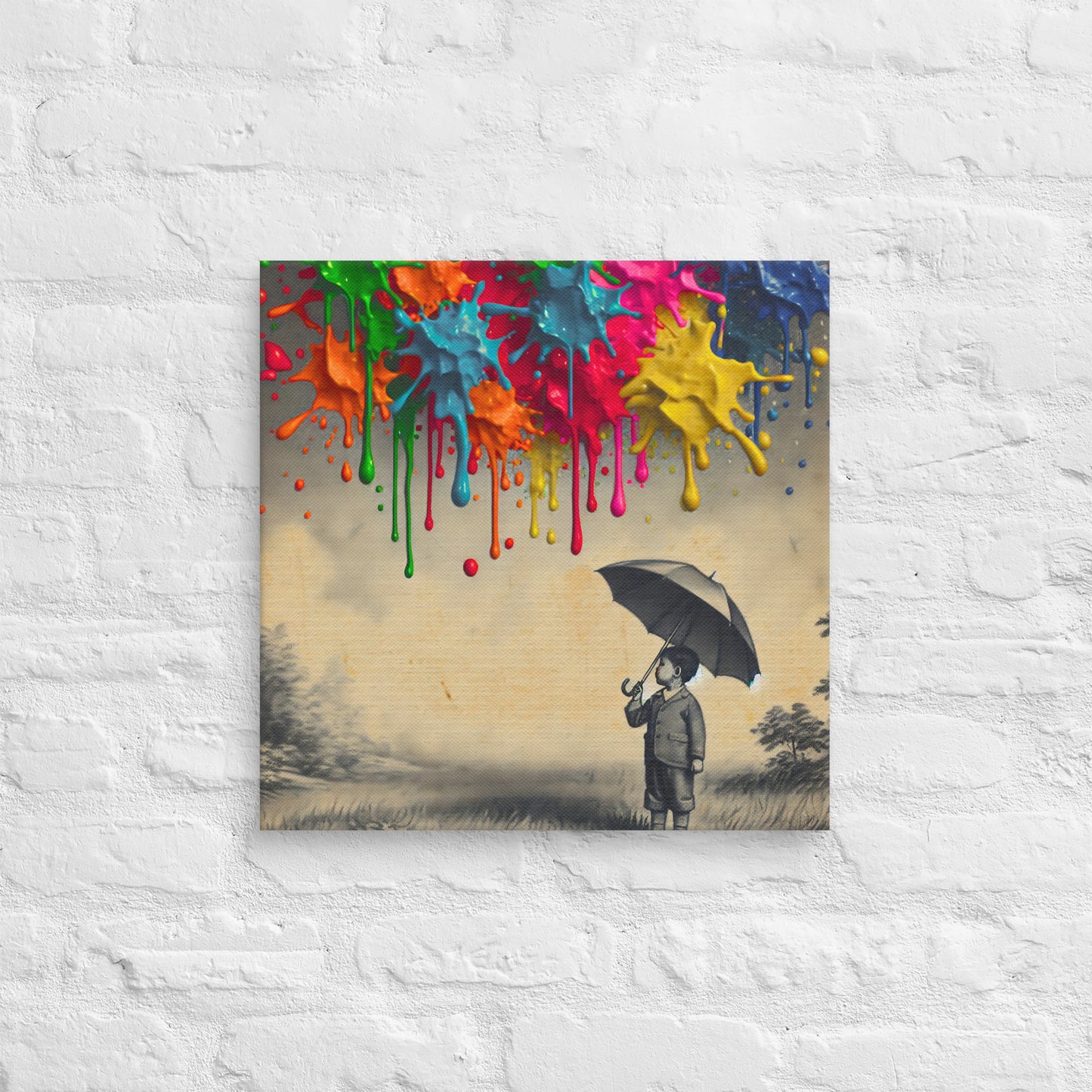 Canvas art titled 'Colorful Imagination,' featuring a child holding an umbrella surrounded by vibrant paint splashes, perfect for playful and creative home decor.
