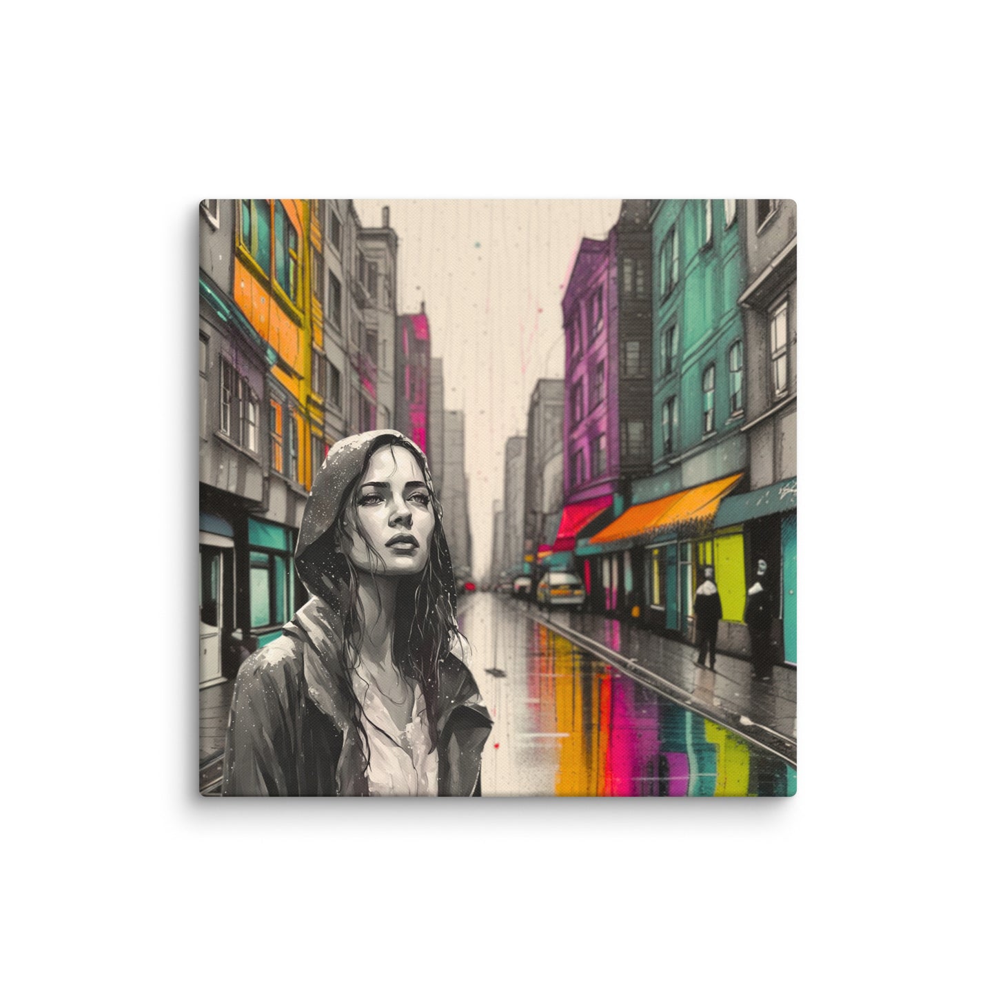 Canvas art titled 'Urban Soul,' featuring a street scene with a woman in a raincoat under city lights, perfect for modern urban and atmospheric home decor.