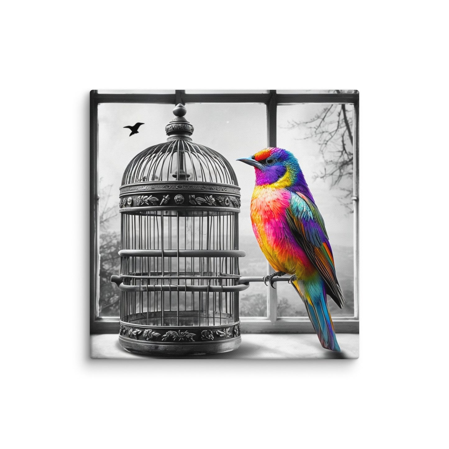 Square canvas print featuring a vibrant rainbow-colored bird with a black and white background of a birdcage. Symbolic and striking wall art for a modern living space.