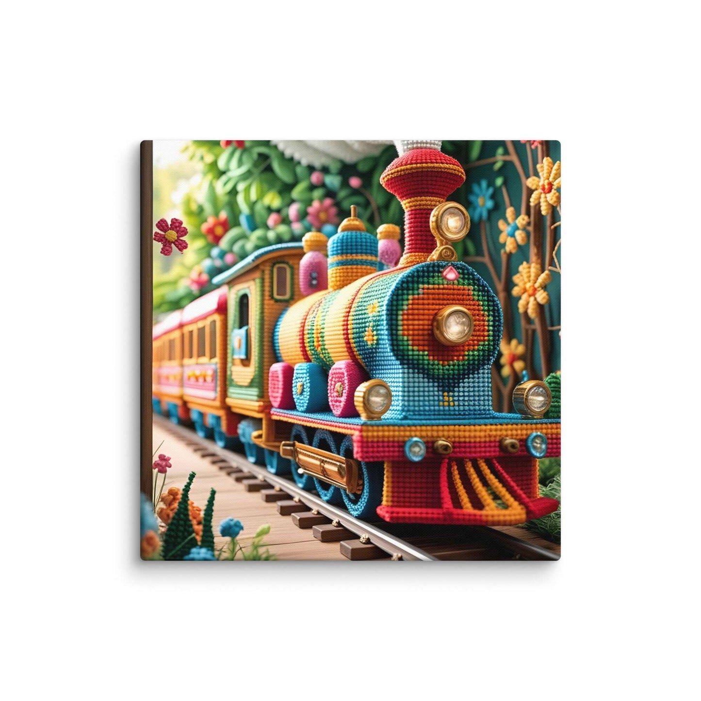 Stretched "{{product-type}}" with a colorful cross-stitch design of a train. The "{{title}}" art is a charming and unique decor piece for a child's nursery.