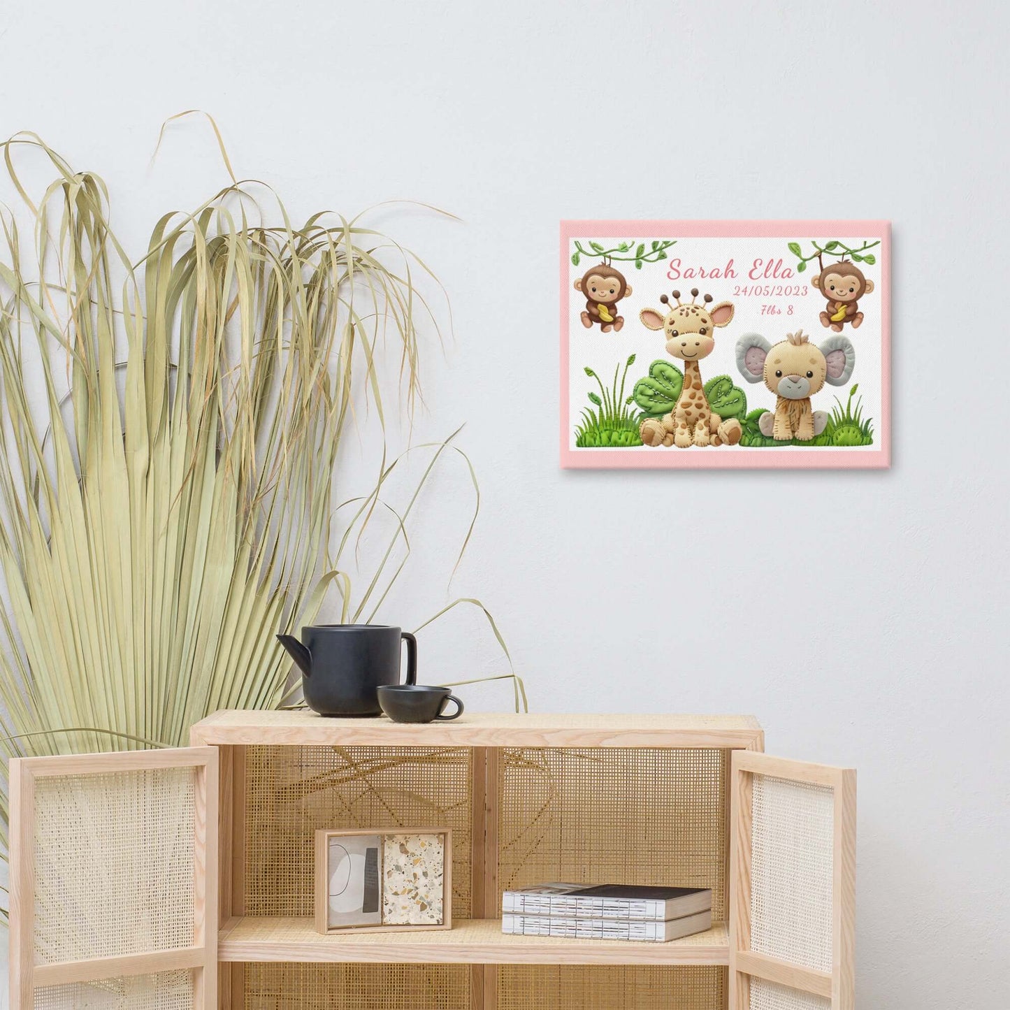 Personalized safari animal nursery canvas art. Features a cute giraffe, elephant, and monkeys. Perfect baby shower gift with custom name and birth stats.