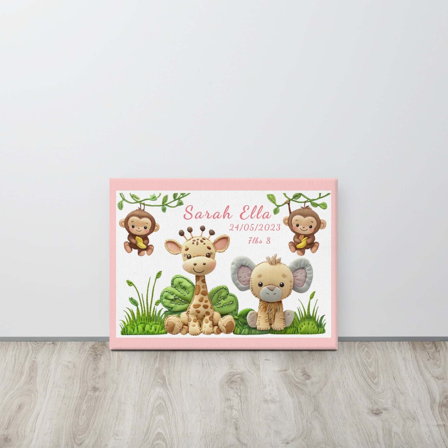 Personalized safari animal nursery canvas art. Features a cute giraffe, elephant, and monkeys. Perfect baby shower gift with custom name and birth stats.
