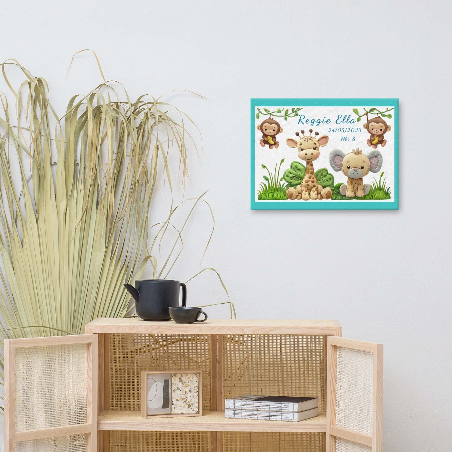 Personalized safari animal nursery canvas art. Features a cute giraffe, elephant, and monkeys. Perfect baby shower gift with custom name and birth stats.