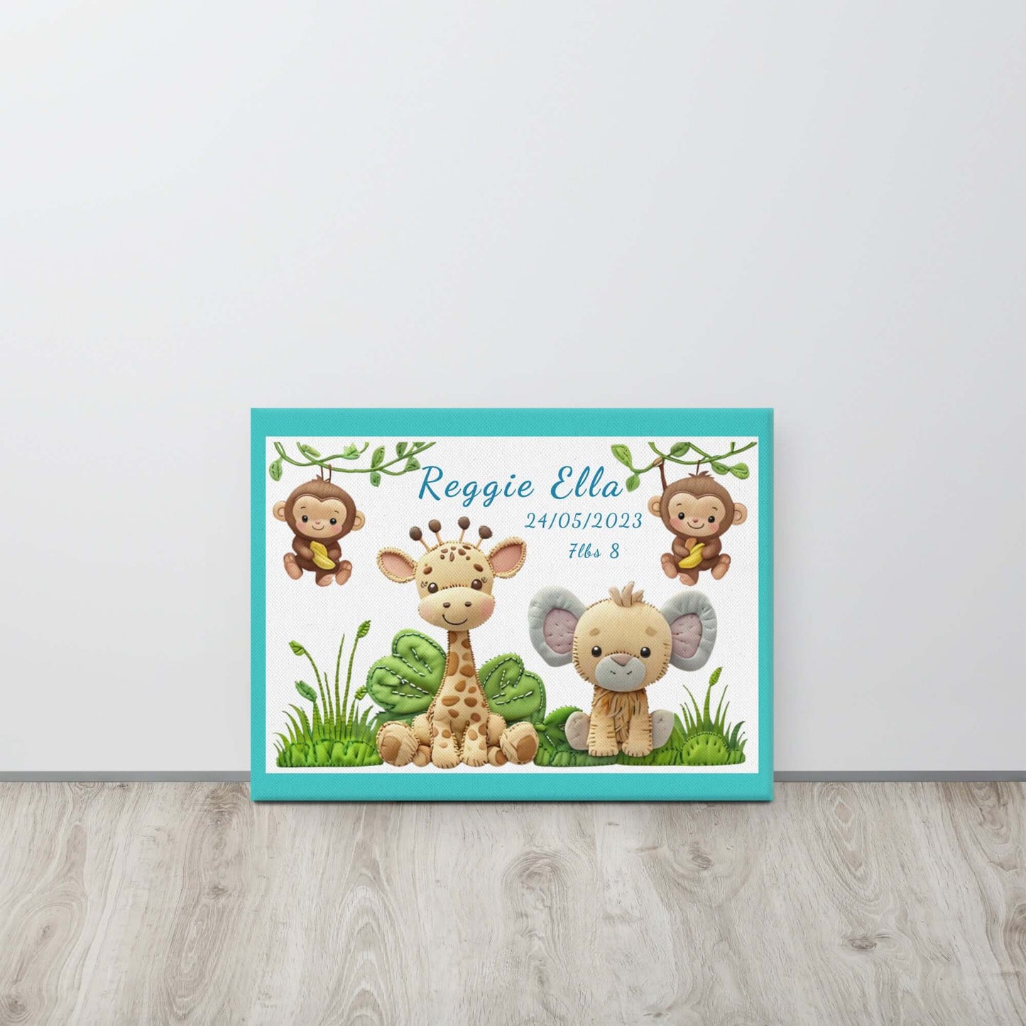 Personalized safari animal nursery canvas art. Features a cute giraffe, elephant, and monkeys. Perfect baby shower gift with custom name and birth stats.