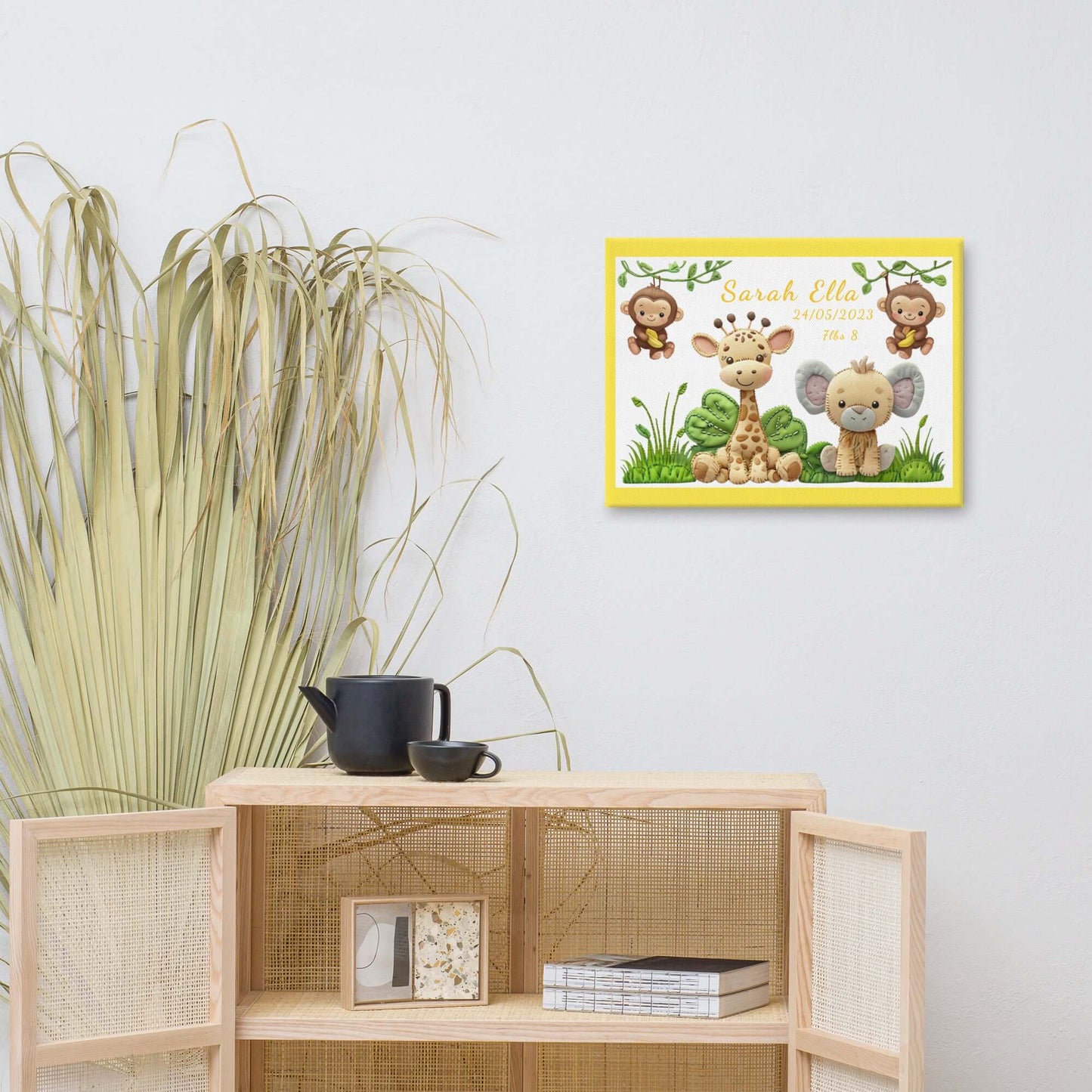 Personalized safari animal nursery canvas art. Features a cute giraffe, elephant, and monkeys. Perfect baby shower gift with custom name and birth stats.