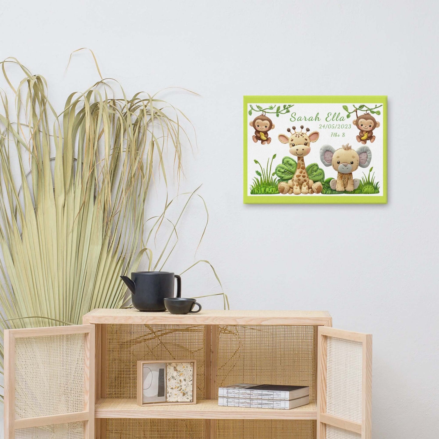 Personalized safari animal nursery canvas art. Features a cute giraffe, elephant, and monkeys. Perfect baby shower gift with custom name and birth stats.