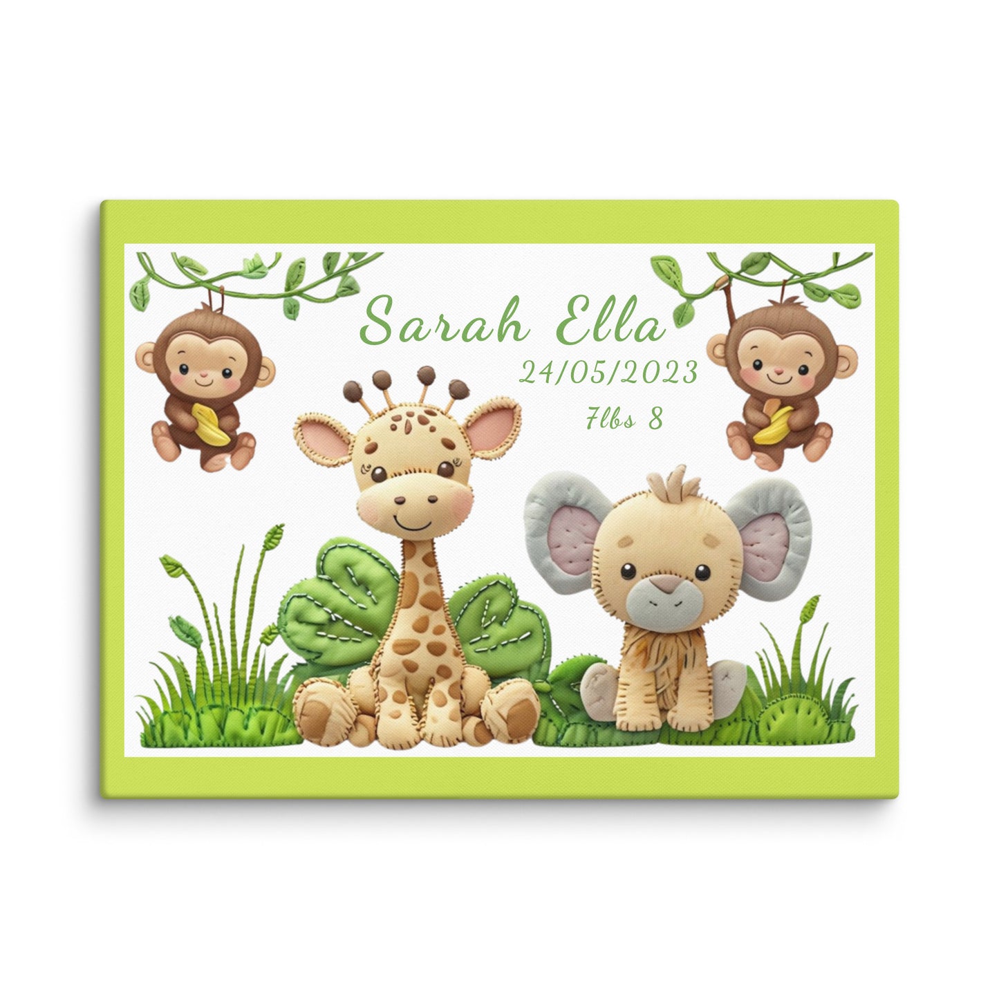 Personalized safari animal nursery canvas art. Features a cute giraffe, elephant, and monkeys. Perfect baby shower gift with custom name and birth stats.