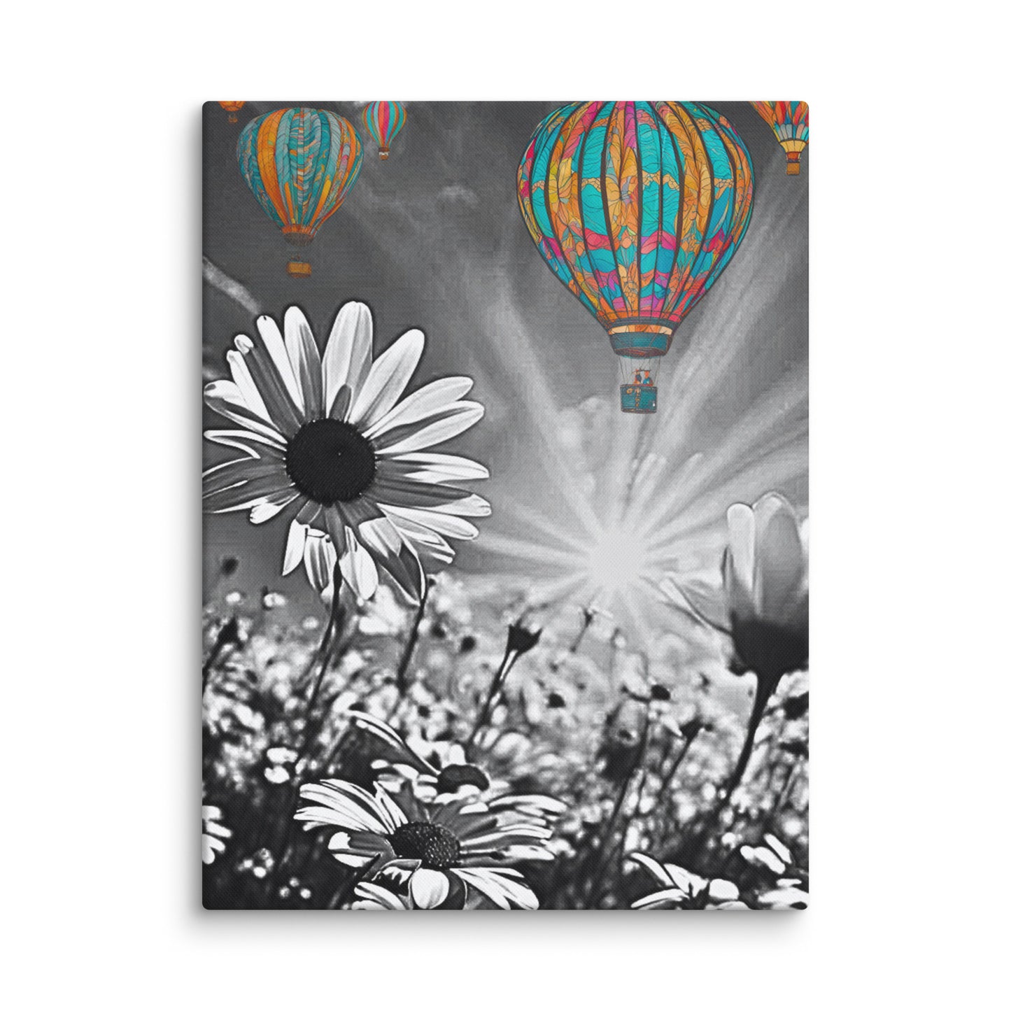 Vibrant colorful hot air balloons floating over a black and white daisy field. Unique contrast photography art print for modern and eclectic home decor.
