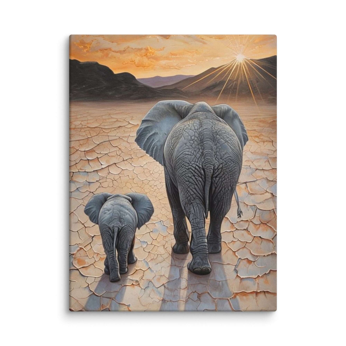 Stretched "{{product-type}}" with a mother and baby elephant at sunset, symbolising motherhood and family. The "{{title}}" design is ideal for nursery art.