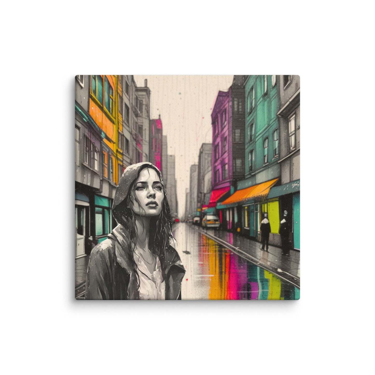 Canvas art titled 'Urban Soul,' featuring a street scene with a woman in a raincoat under city lights, perfect for modern urban and atmospheric home decor.