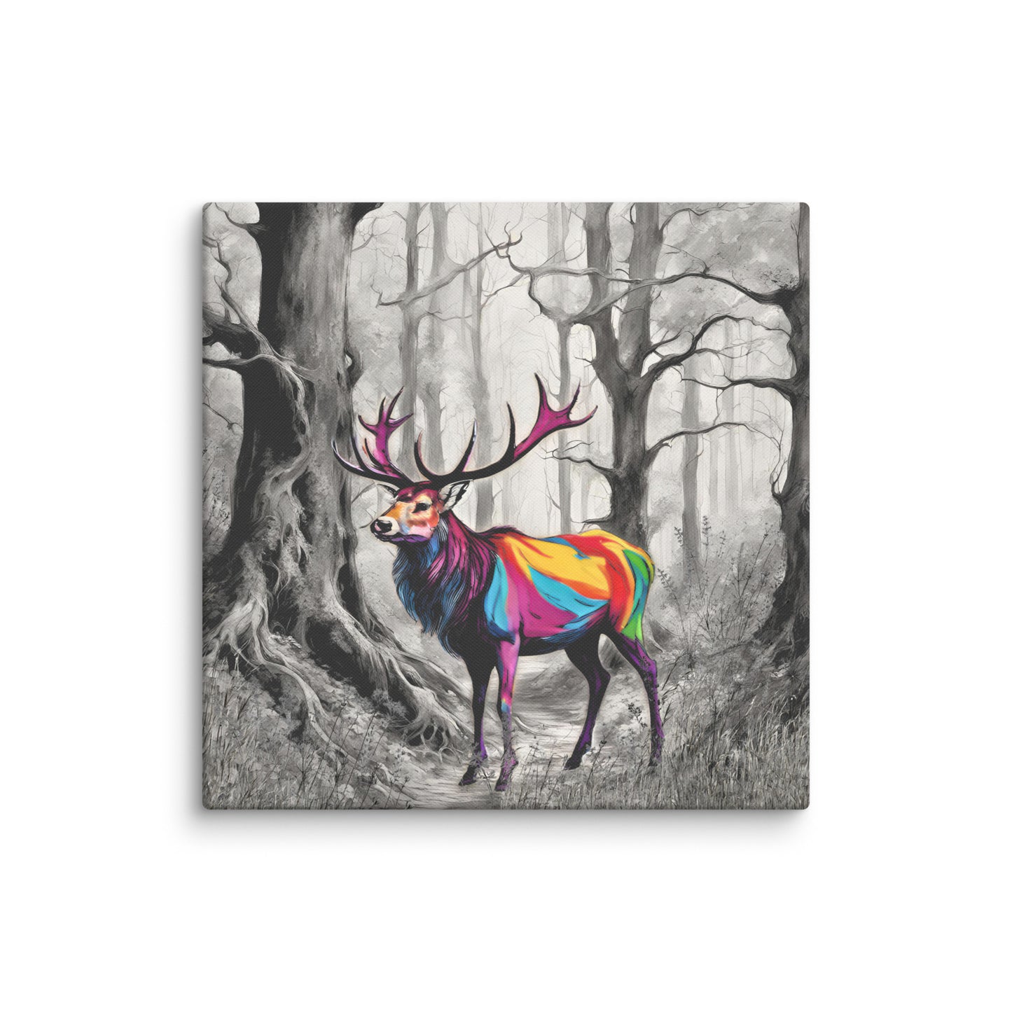 Canvas art titled 'Vibrant Stag,' featuring a colorful deer in a lush forest setting, perfect for nature-inspired and bold home decor.