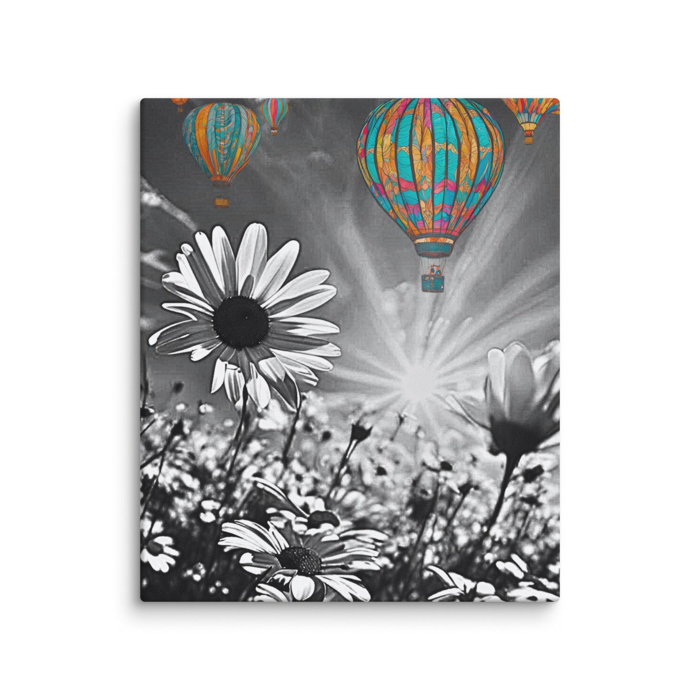 Vibrant colorful hot air balloons floating over a black and white daisy field. Unique contrast photography art print for modern and eclectic home decor.