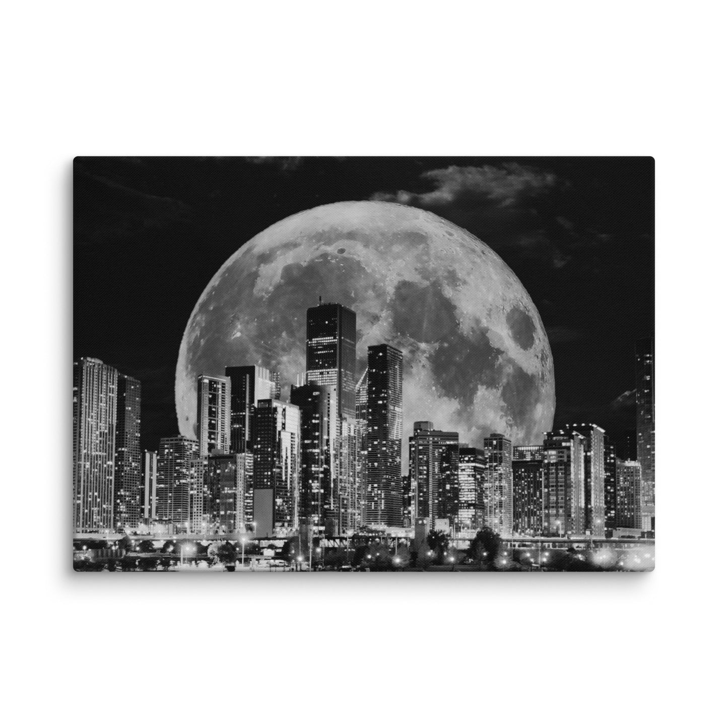 Canvas art titled 'Cityscape Moonlight,' featuring a black and white skyline illuminated by moonlight, perfect for modern urban and minimalist home decor.