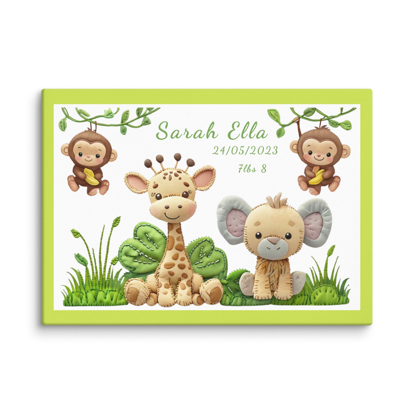 Personalized safari animal nursery canvas art. Features a cute giraffe, elephant, and monkeys. Perfect baby shower gift with custom name and birth stats.