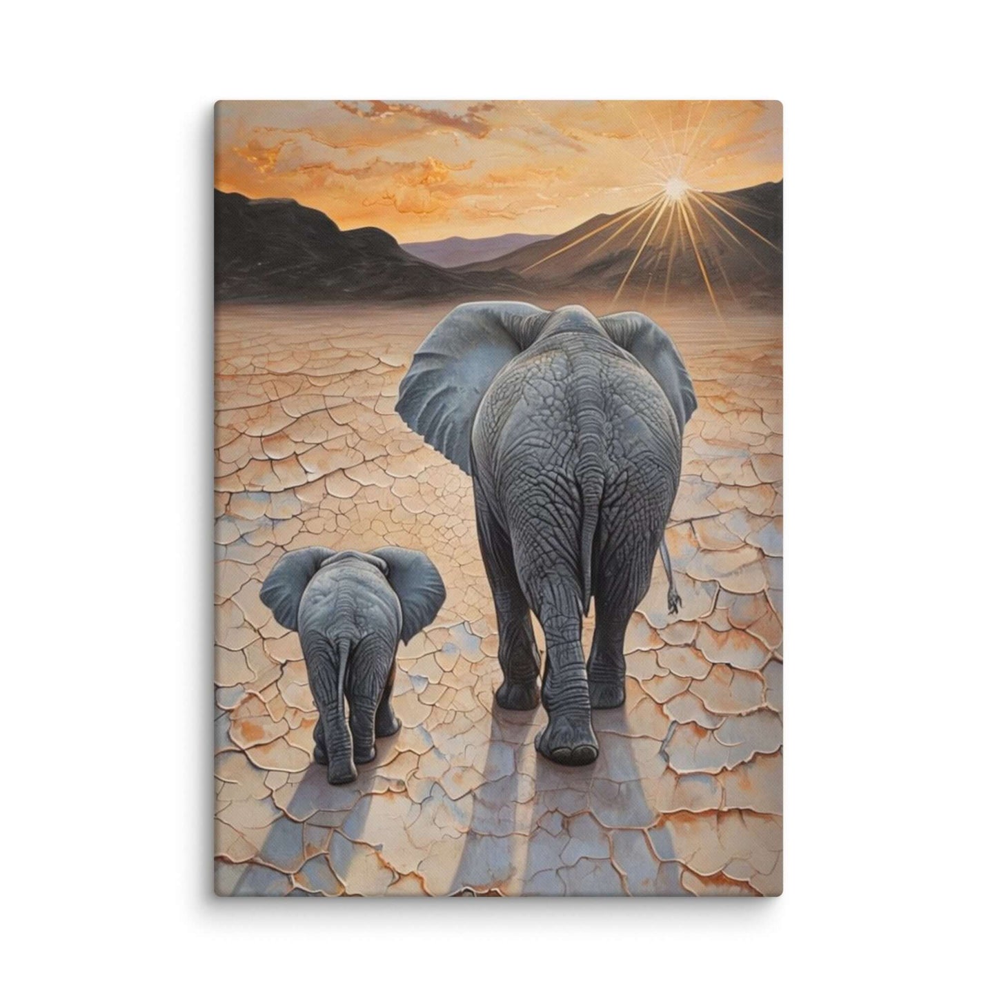 Stretched "{{product-type}}" with a mother and baby elephant at sunset, symbolising motherhood and family. The "{{title}}" design is ideal for nursery art.