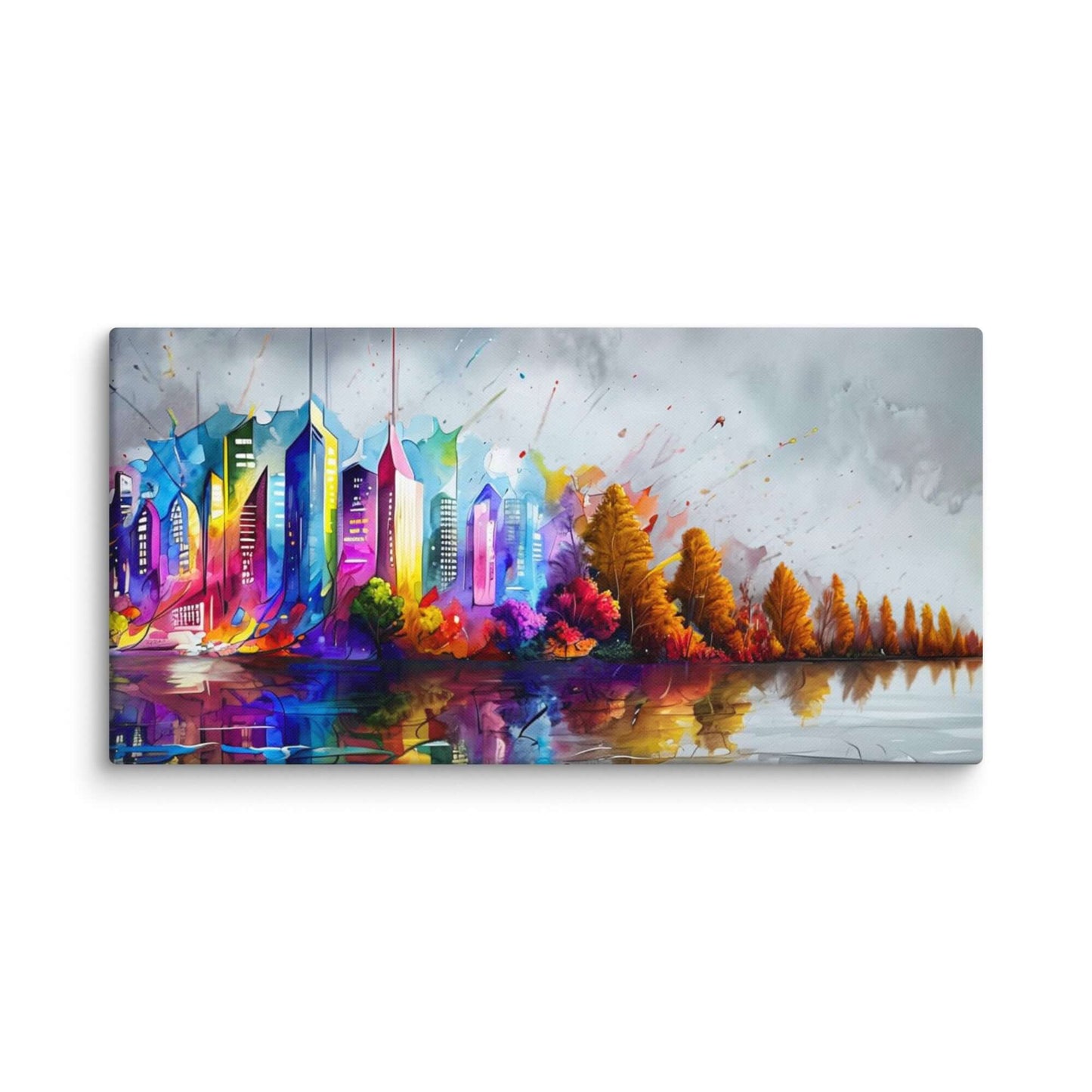 Stretched "{{product-type}}" with a colourful abstract cityscape and autumn trees reflected in water. The "{{title}}" design is a vibrant piece of modern wall art.