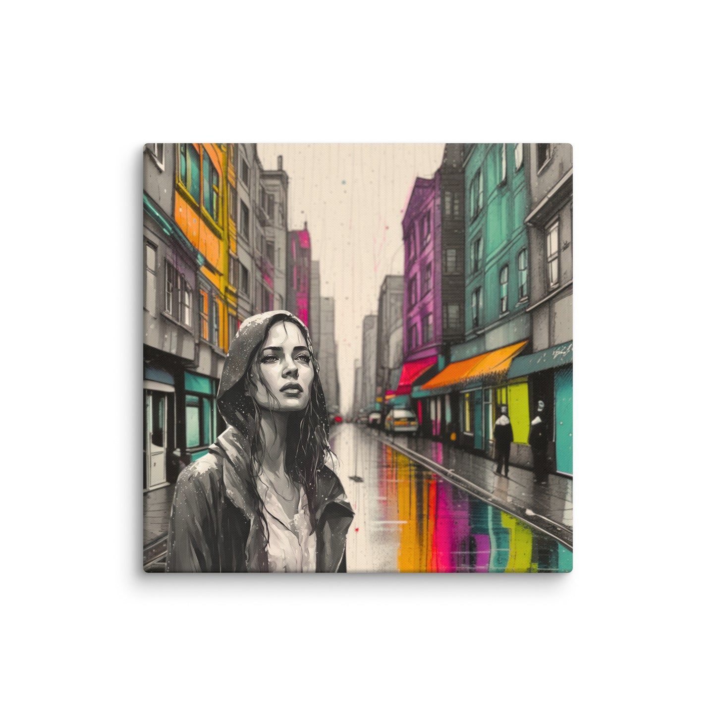 Canvas art titled 'Urban Soul,' featuring a street scene with a woman in a raincoat under city lights, perfect for modern urban and atmospheric home decor.