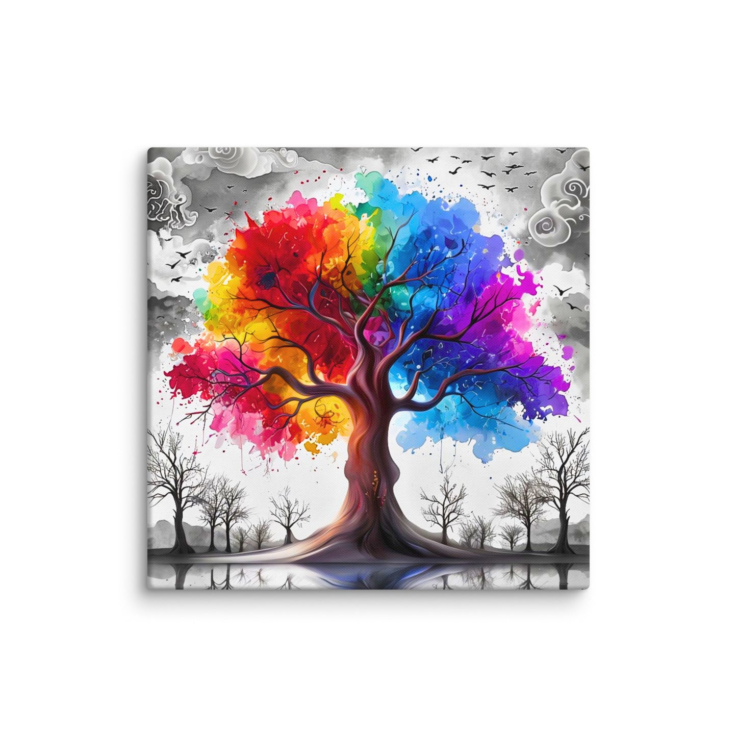 Canvas wall art titled 'Rainbow Tree of Life,' featuring a vibrant tree with multicolored branches against a bold contrasting background, perfect for inspiring and colorful home decor.
