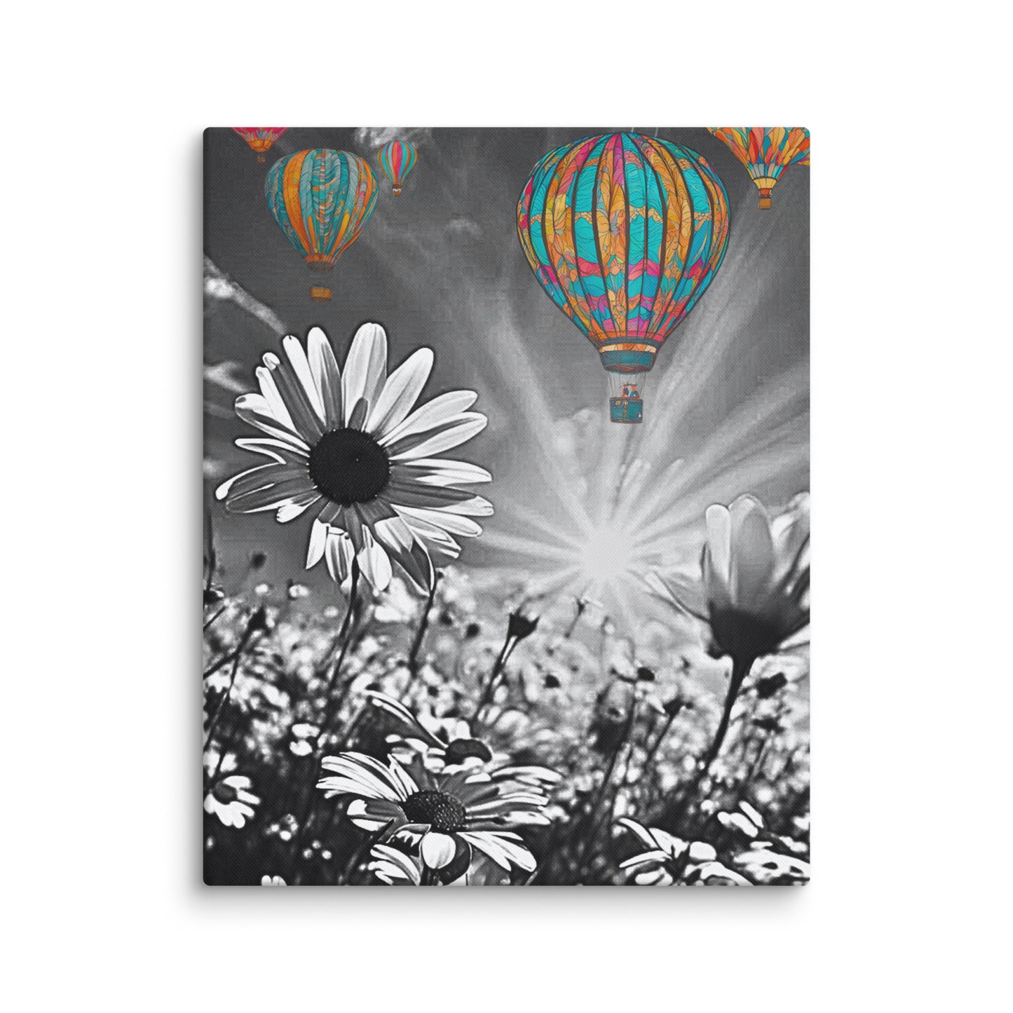 Vibrant colorful hot air balloons floating over a black and white daisy field. Unique contrast photography art print for modern and eclectic home decor.