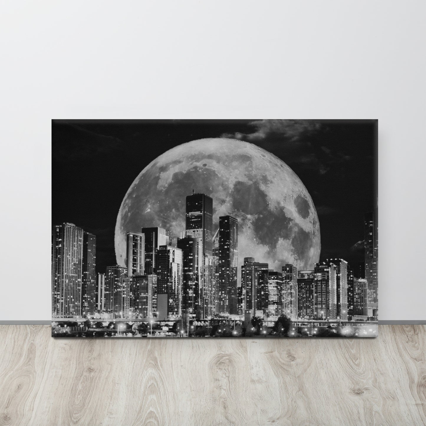 Canvas art titled 'Cityscape Moonlight,' featuring a black and white skyline illuminated by moonlight, perfect for modern urban and minimalist home decor.