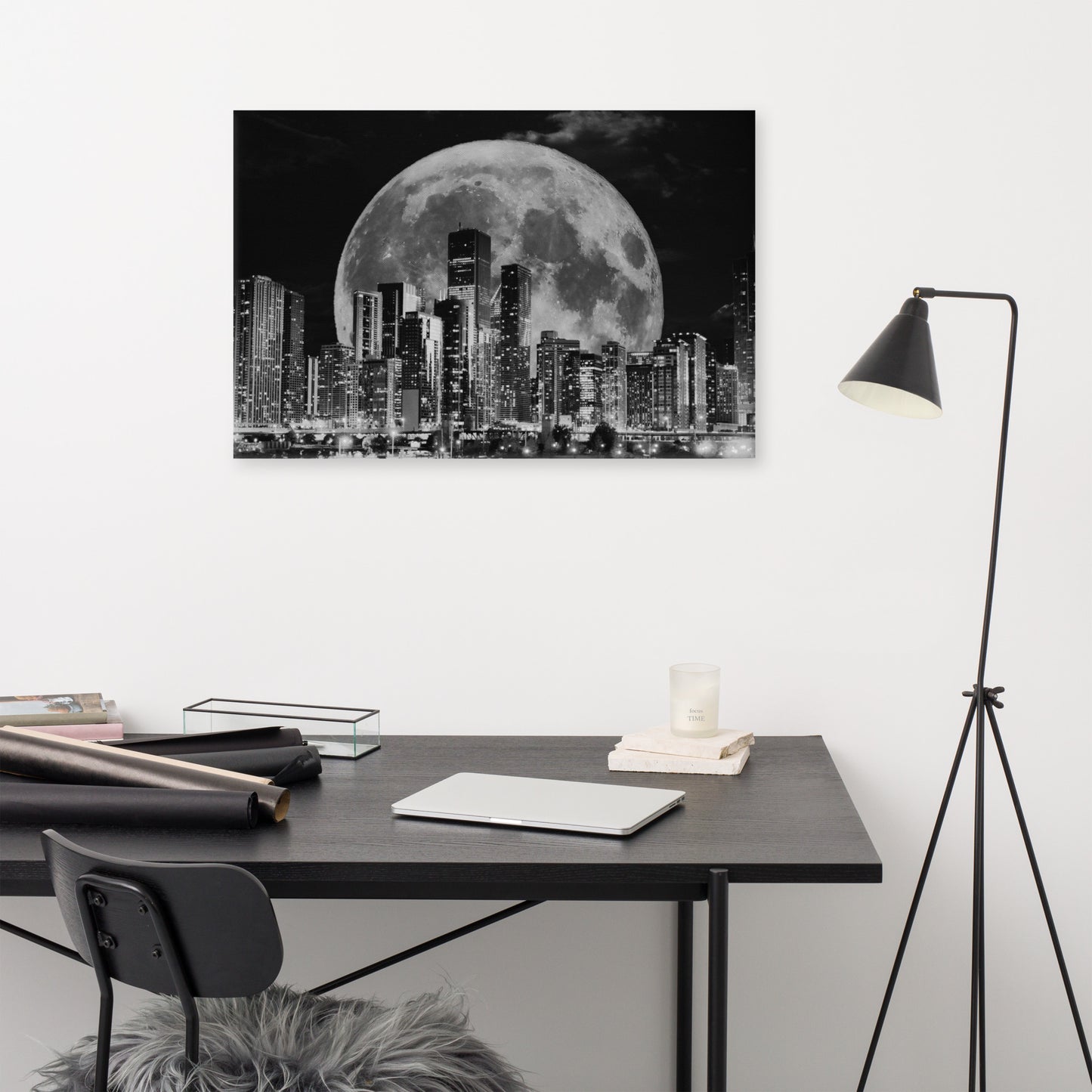 Canvas art titled 'Cityscape Moonlight,' featuring a black and white skyline illuminated by moonlight, perfect for modern urban and minimalist home decor.
