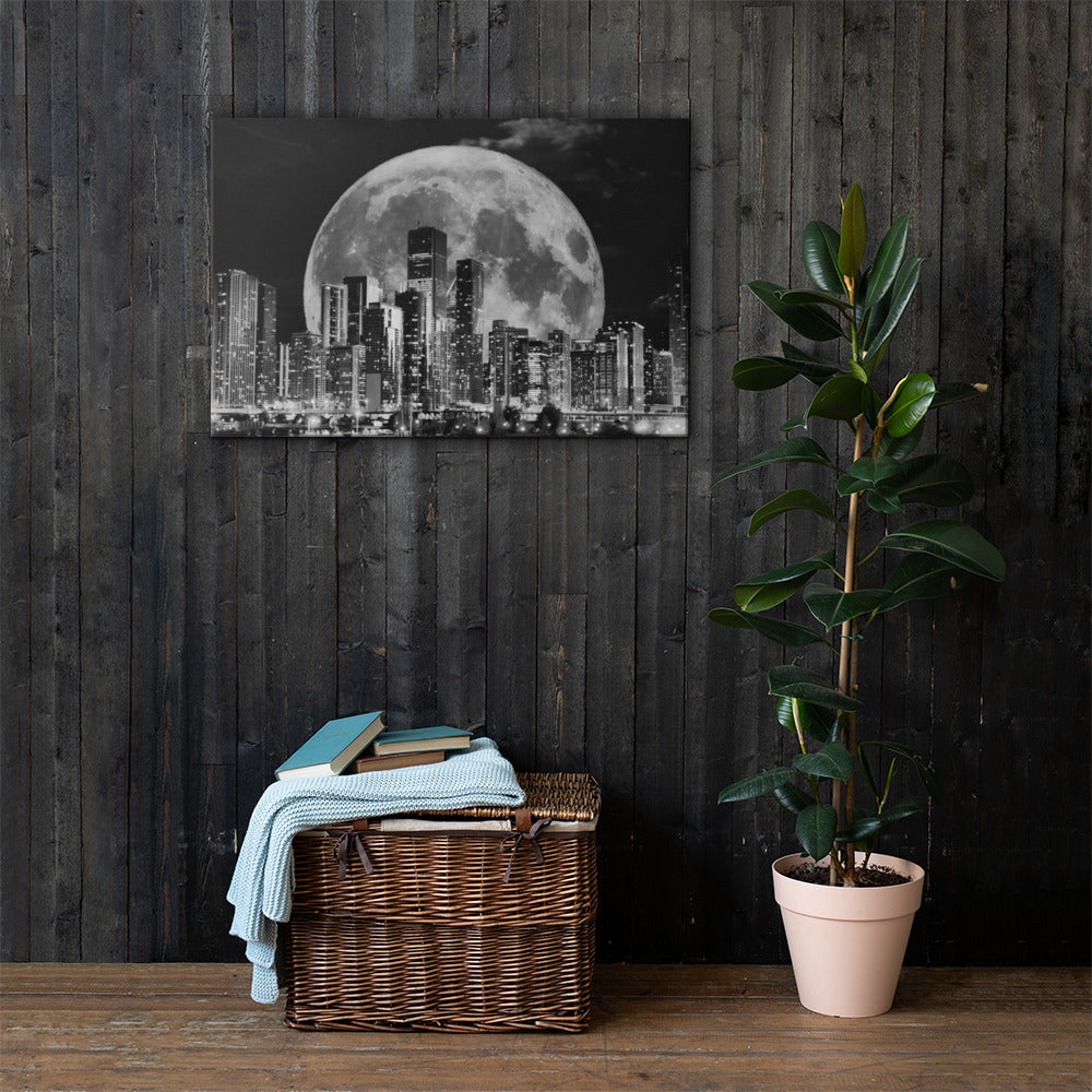 Canvas art titled 'Cityscape Moonlight,' featuring a black and white skyline illuminated by moonlight, perfect for modern urban and minimalist home decor.
