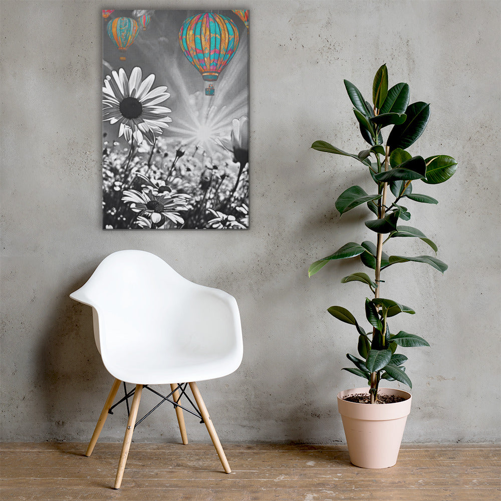 Vibrant colorful hot air balloons floating over a black and white daisy field. Unique contrast photography art print for modern and eclectic home decor.
