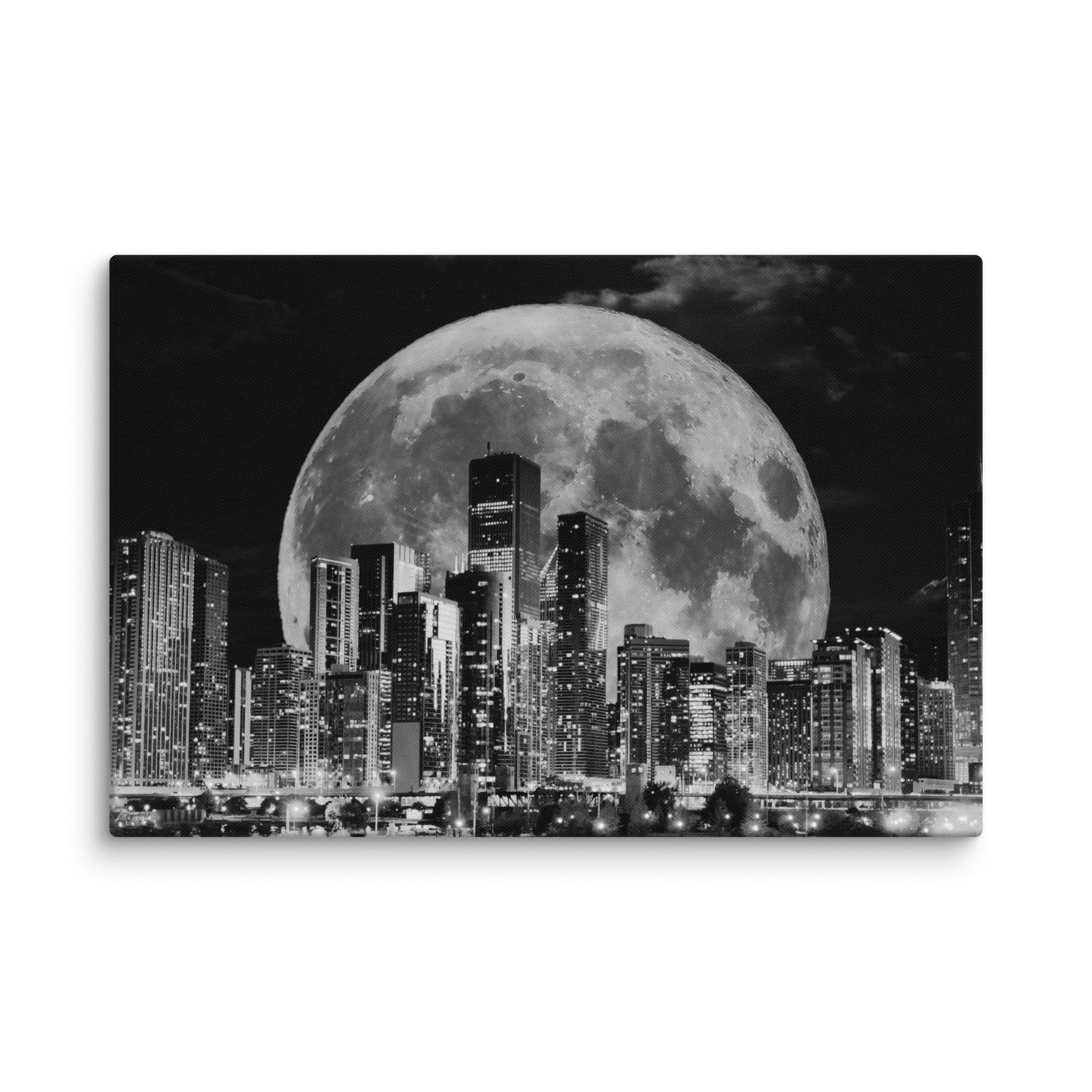 Canvas art titled 'Cityscape Moonlight,' featuring a black and white skyline illuminated by moonlight, perfect for modern urban and minimalist home decor.