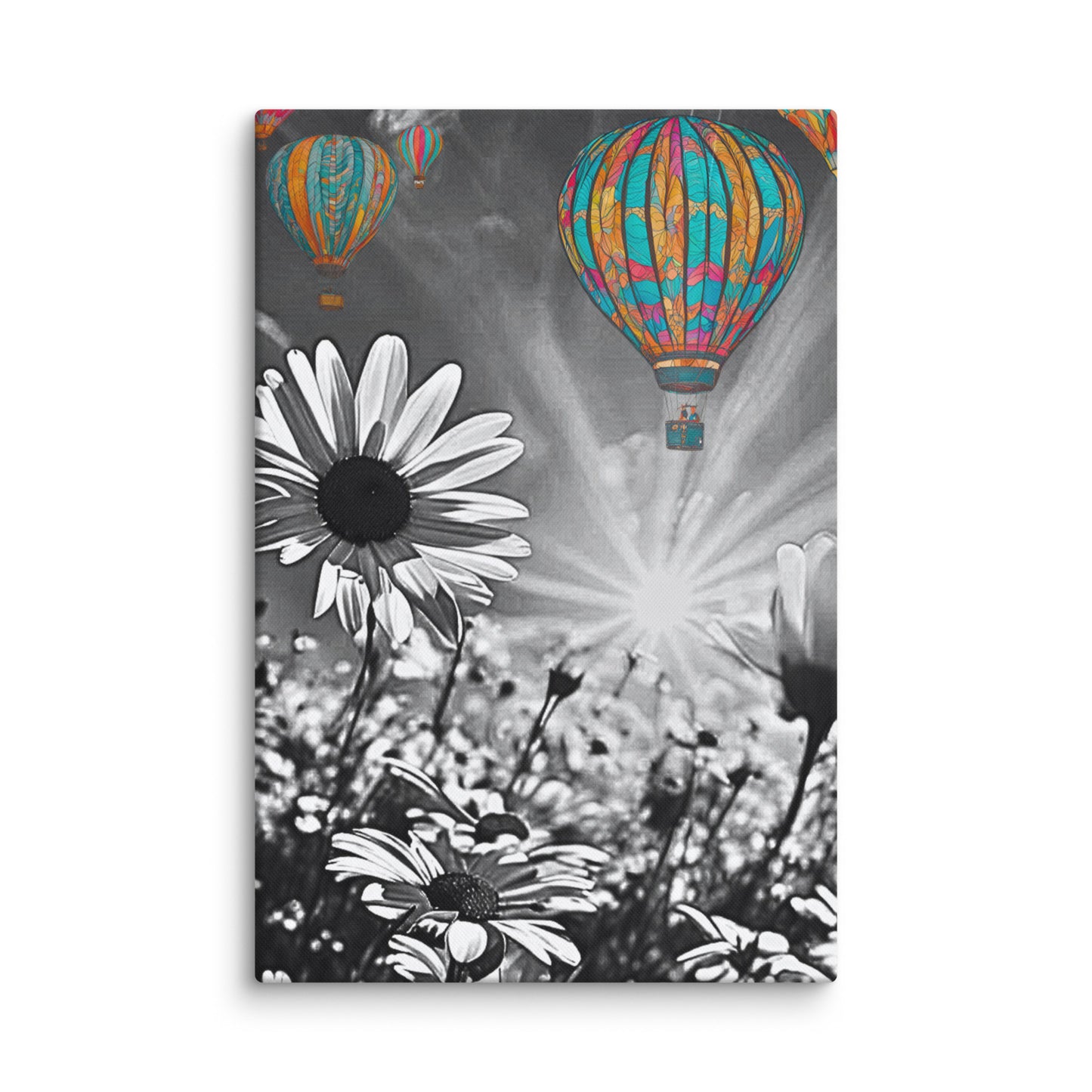 Vibrant colorful hot air balloons floating over a black and white daisy field. Unique contrast photography art print for modern and eclectic home decor.