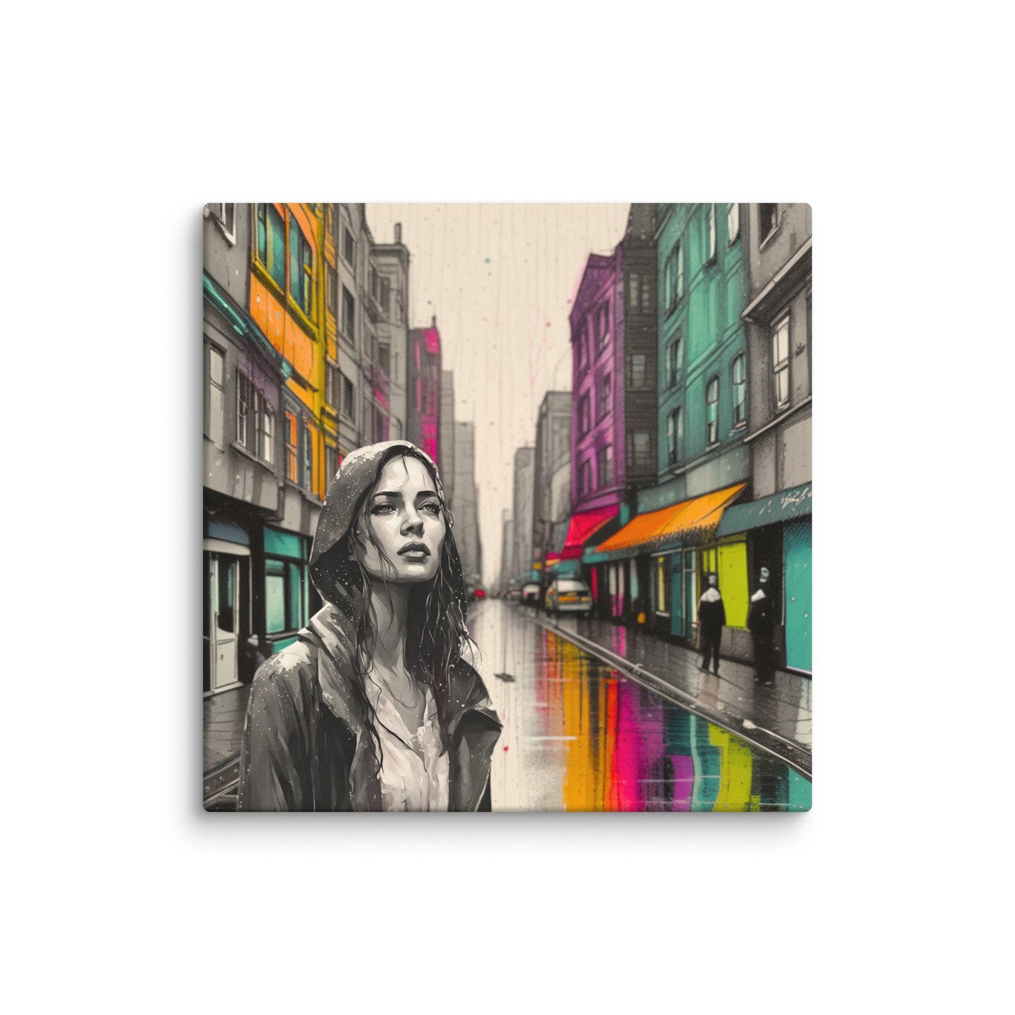 Canvas art titled 'Urban Soul,' featuring a street scene with a woman in a raincoat under city lights, perfect for modern urban and atmospheric home decor.