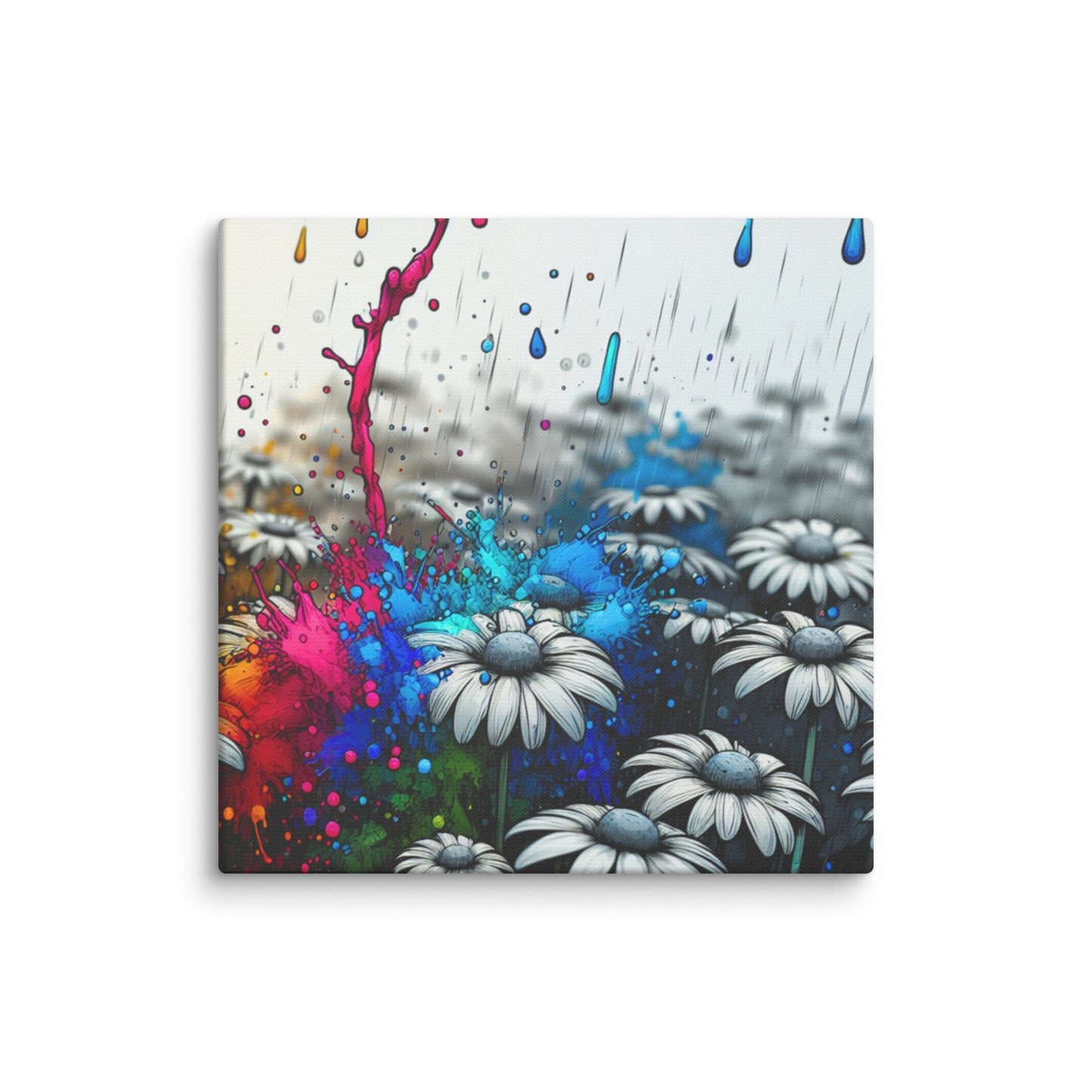 Canvas art titled 'Color Burst Daisy,' featuring an abstract daisy flower with vibrant, colorful brushstrokes, perfect for bold and modern home decor.