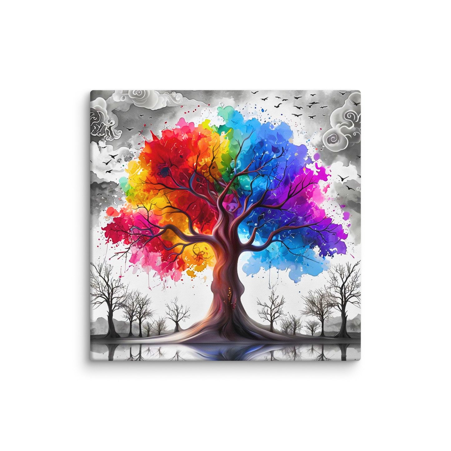 Canvas wall art titled 'Rainbow Tree of Life,' featuring a vibrant tree with multicolored branches against a bold contrasting background, perfect for inspiring and colorful home decor.